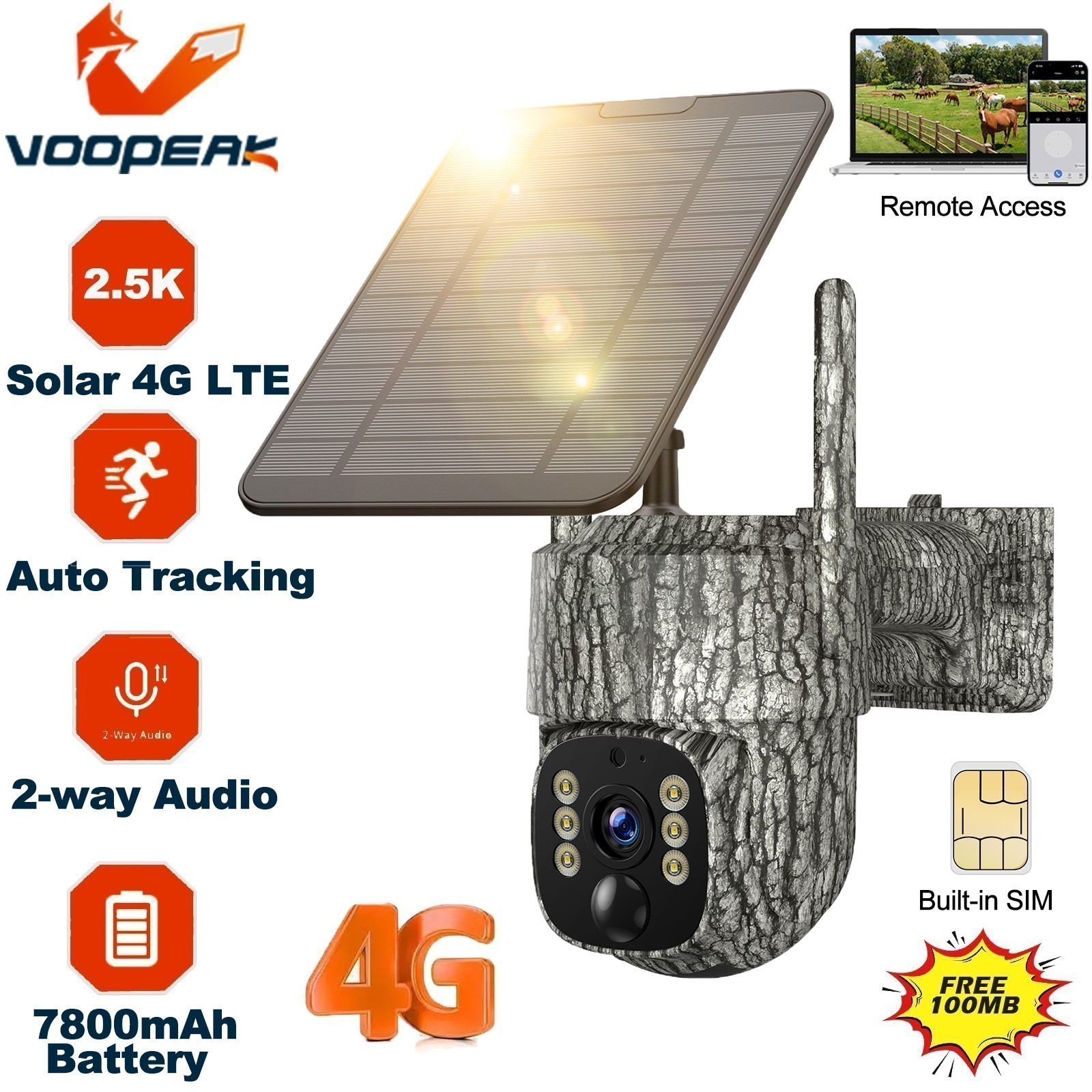 Voopeak 4G Trail Game Camera Outdoor Security Hunting 2.5K LIVE VIEW Sim Card