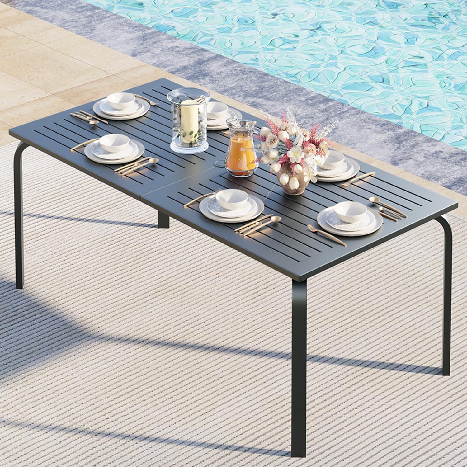 71x35in All-Weather Outdoor Dining Table Aluminum, Seats 8, Umbrella Hole Patio