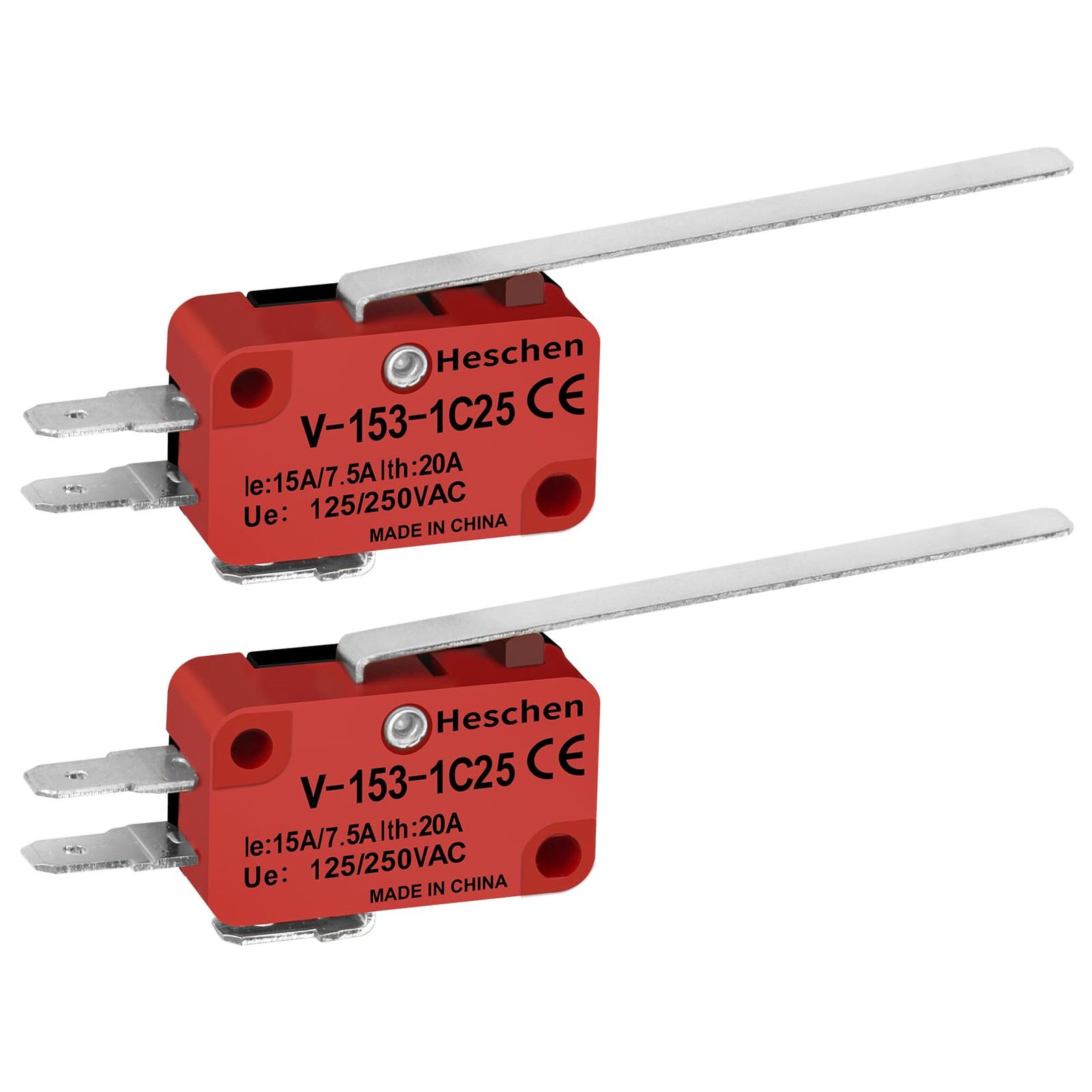 Heschen Micro Switch, V-153-1C25, SPDT, Long Hinge Lever, 20A 250VAC, 2 Red