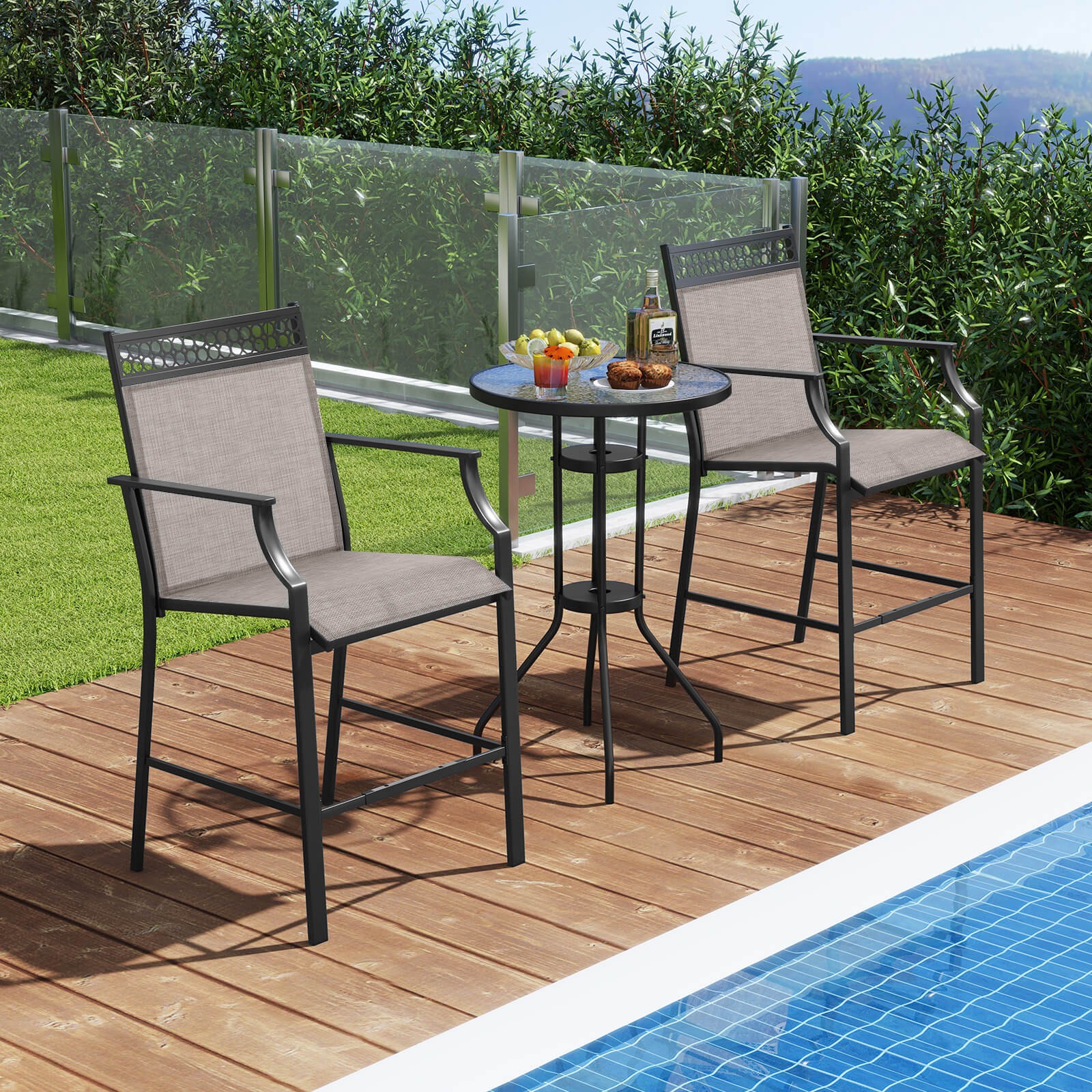 Outdoor Counter Stools Set of 2 w/ Footrest & Armrests Metal Frame for Backyard