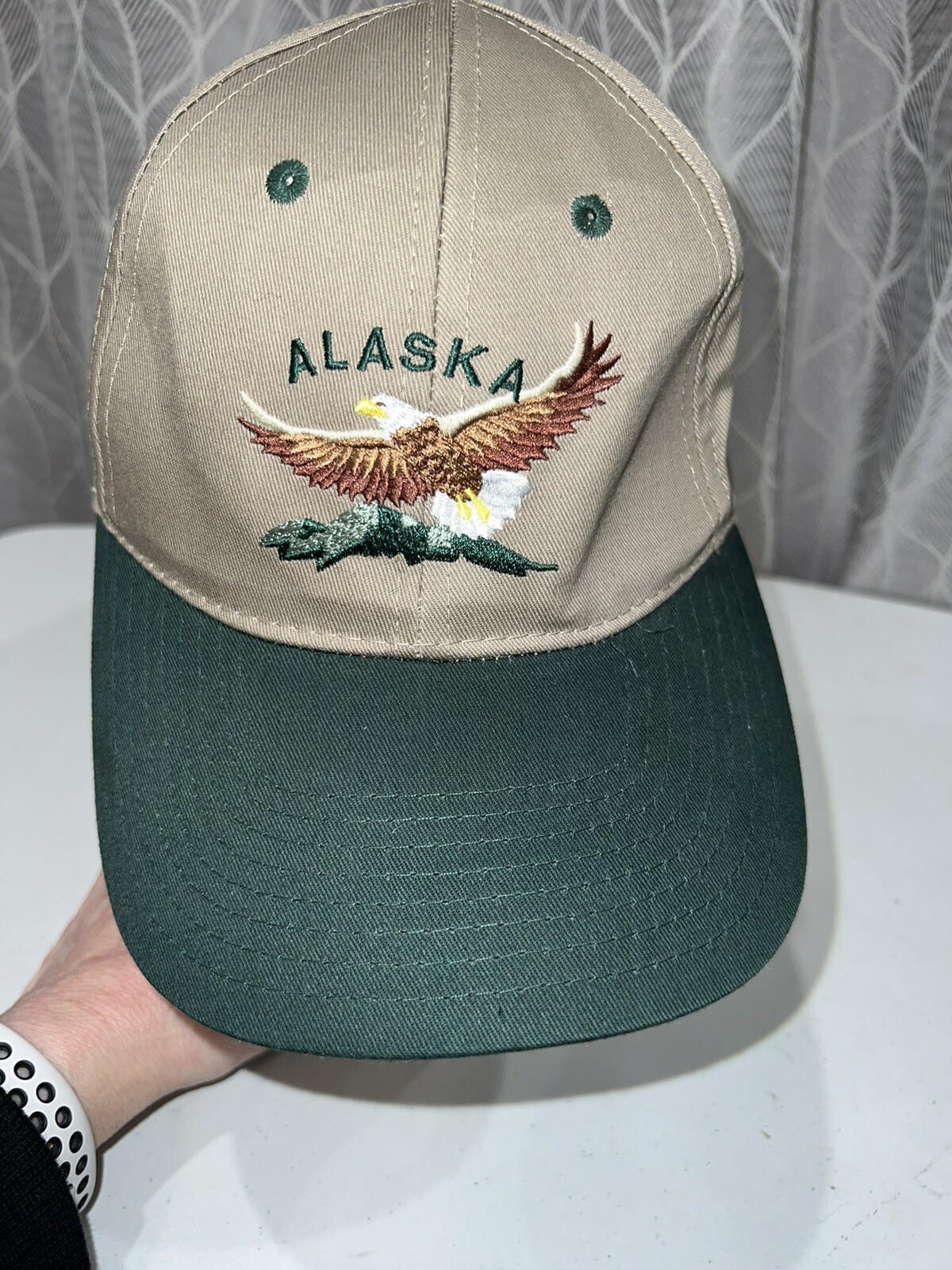 Tan  Hat w green Bill Alaska with embroidered Eagle EUC Snapback Adj. Cotton