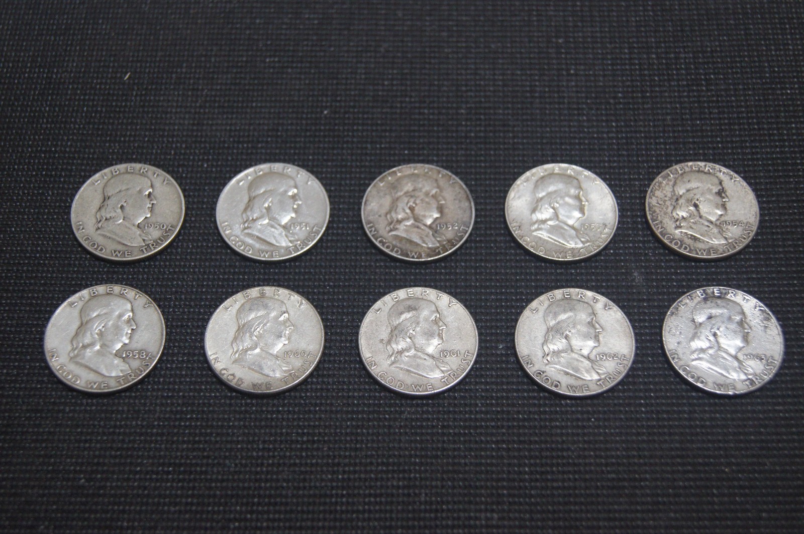 ( 10 ) CIRCULATED 90% SILVER FRANKLIN HALF DOLLARS 1950 D - 1963 D FAST SHIPPING