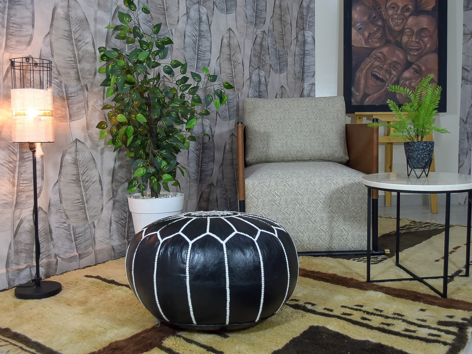 Moroccan Handcrafted Leather Pouf, handmade leather pouf, White and black pouf,