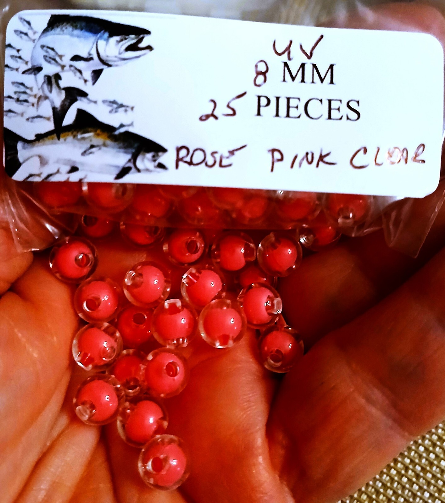 UV Fly Fishing Trout/Salmon/Steelhead 8mm 25ct Rose Pink Clear beads