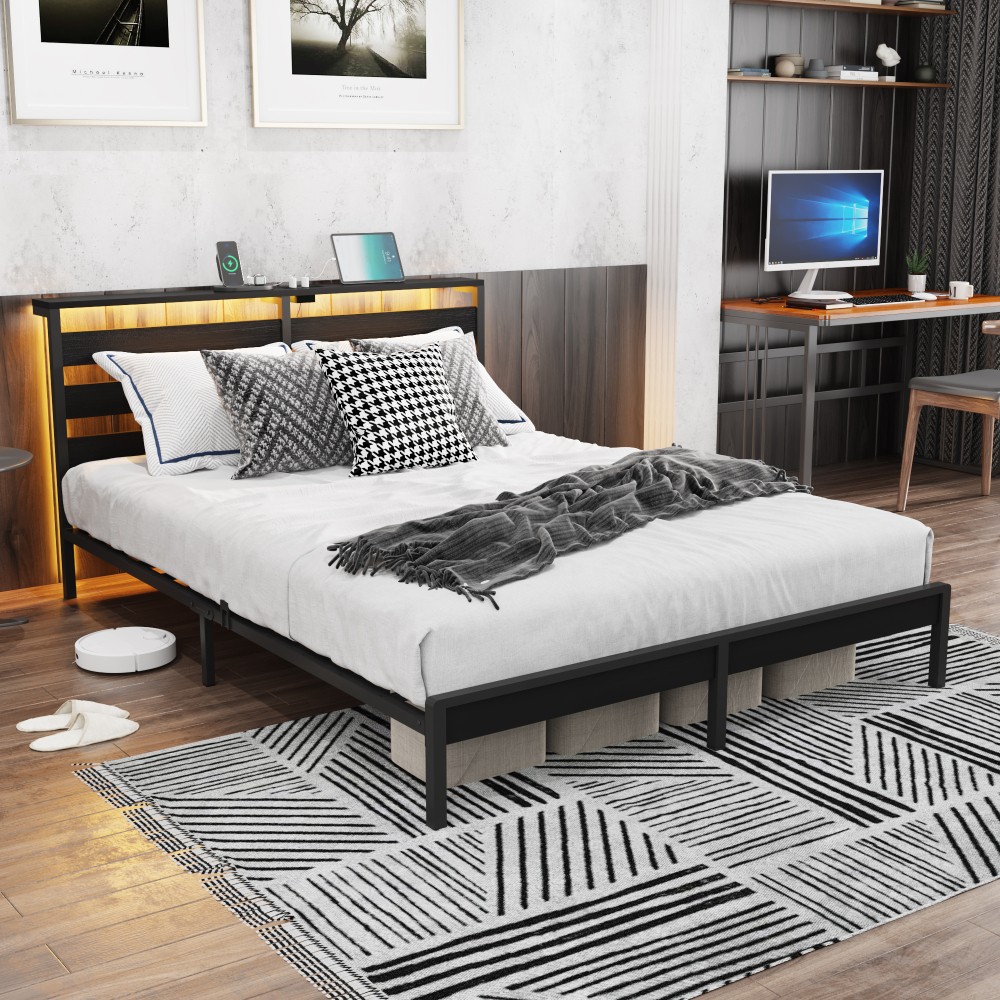 Full Size Metal Bed Frame w/ LED Lights, USB Charger, Under Bed Storage