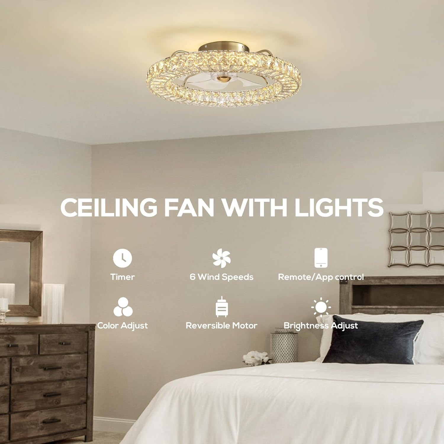 22" Low Profile Flush Mount Ceiling Fan, Ceiling Fan with Light and Remote, Dimm