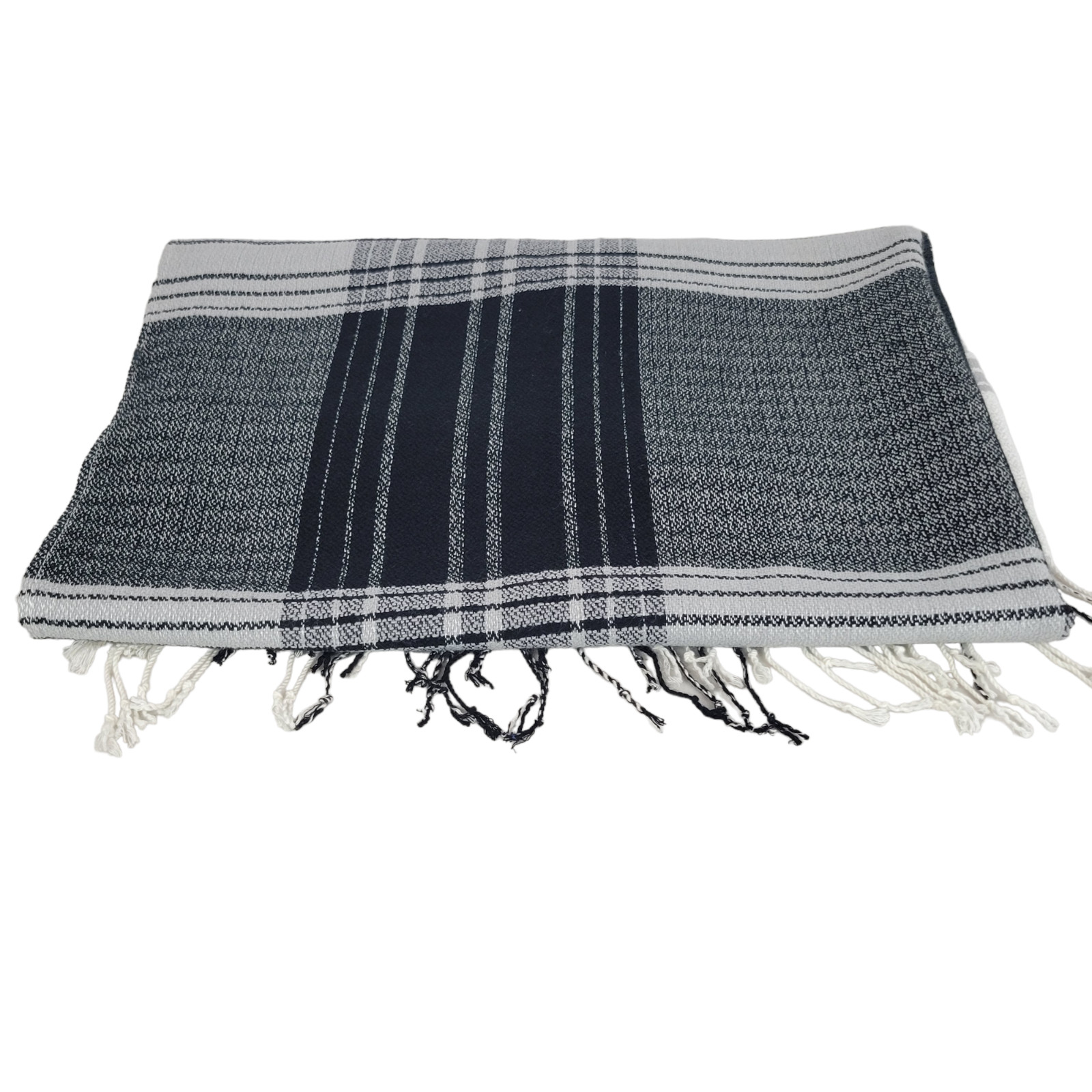 Saks Fifth Avenue Scarf Wrap Black & Ivory Plaid w/Fringe Lightweight 76 x 30