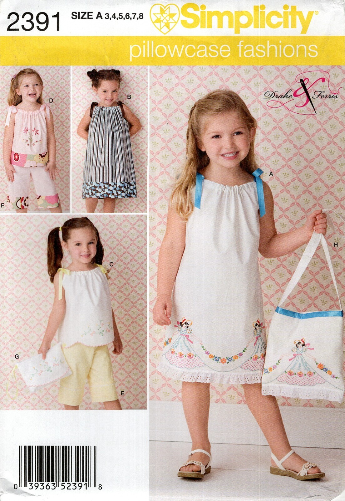 Simplicity 2391 Pillowcase Dress & Top w Ribbon Ties, Pants & Bag Sz 3-8 UNCUT