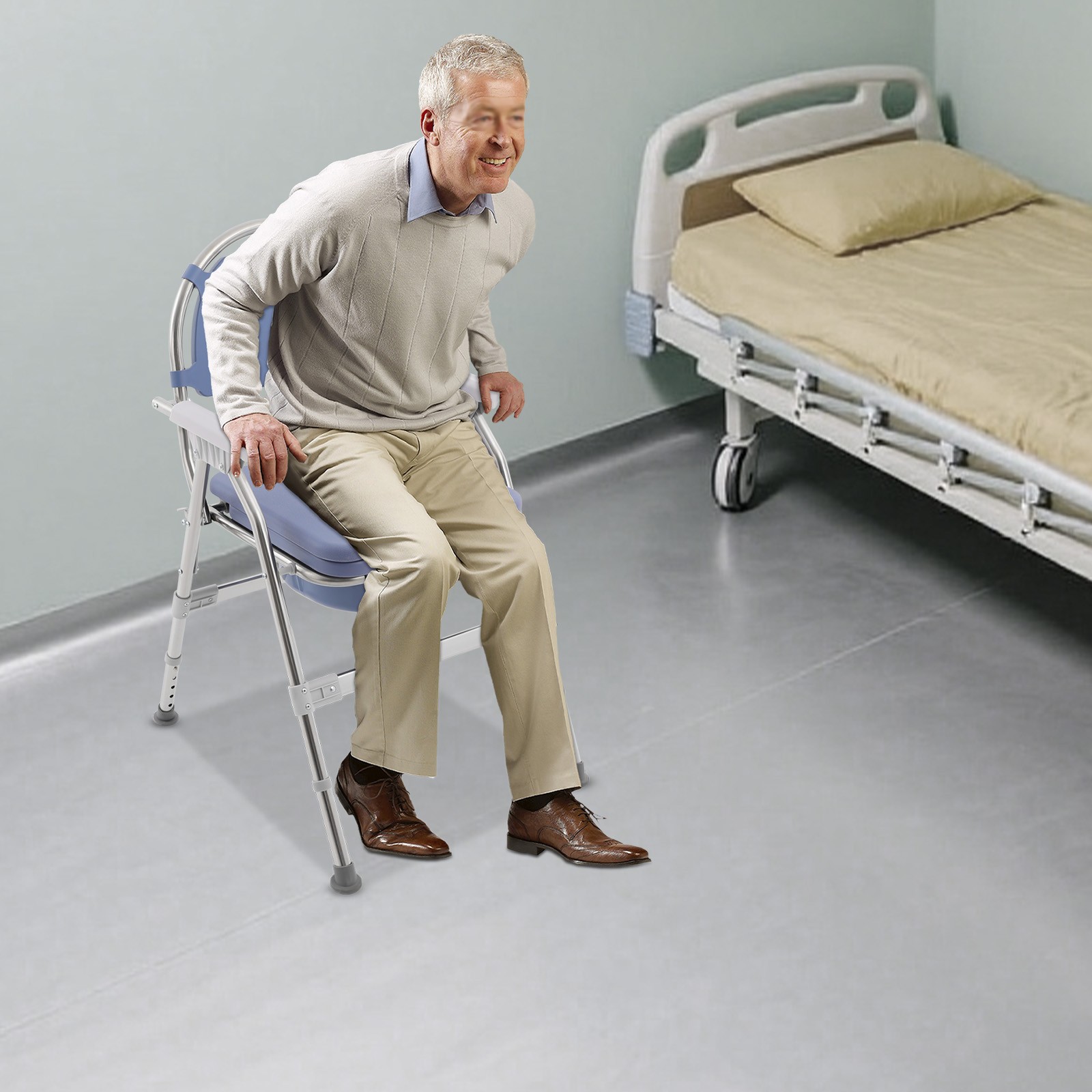Toilet Chair With Padded Seat Plate And Toilet Bucket, Foldable Toilet ChairBlue