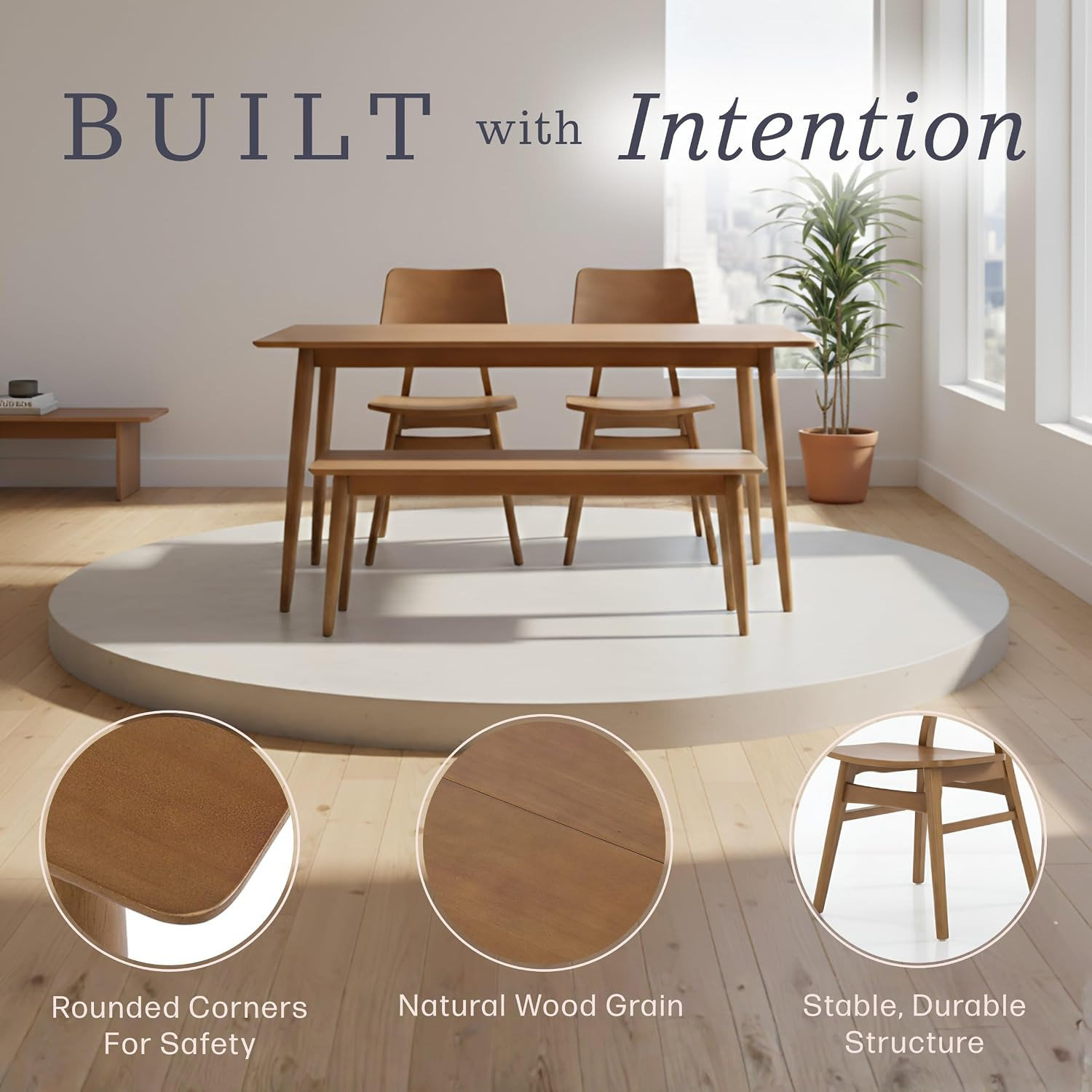 Calais Dining – 4 Piece Dining Table Set for 4 with Chairs and Bench – Mid Centu