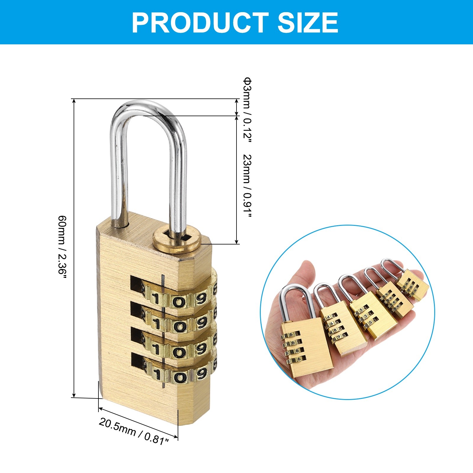 Brass Combination Lock 2.36", 4 Digit Resettable Combination Padlock Yellow