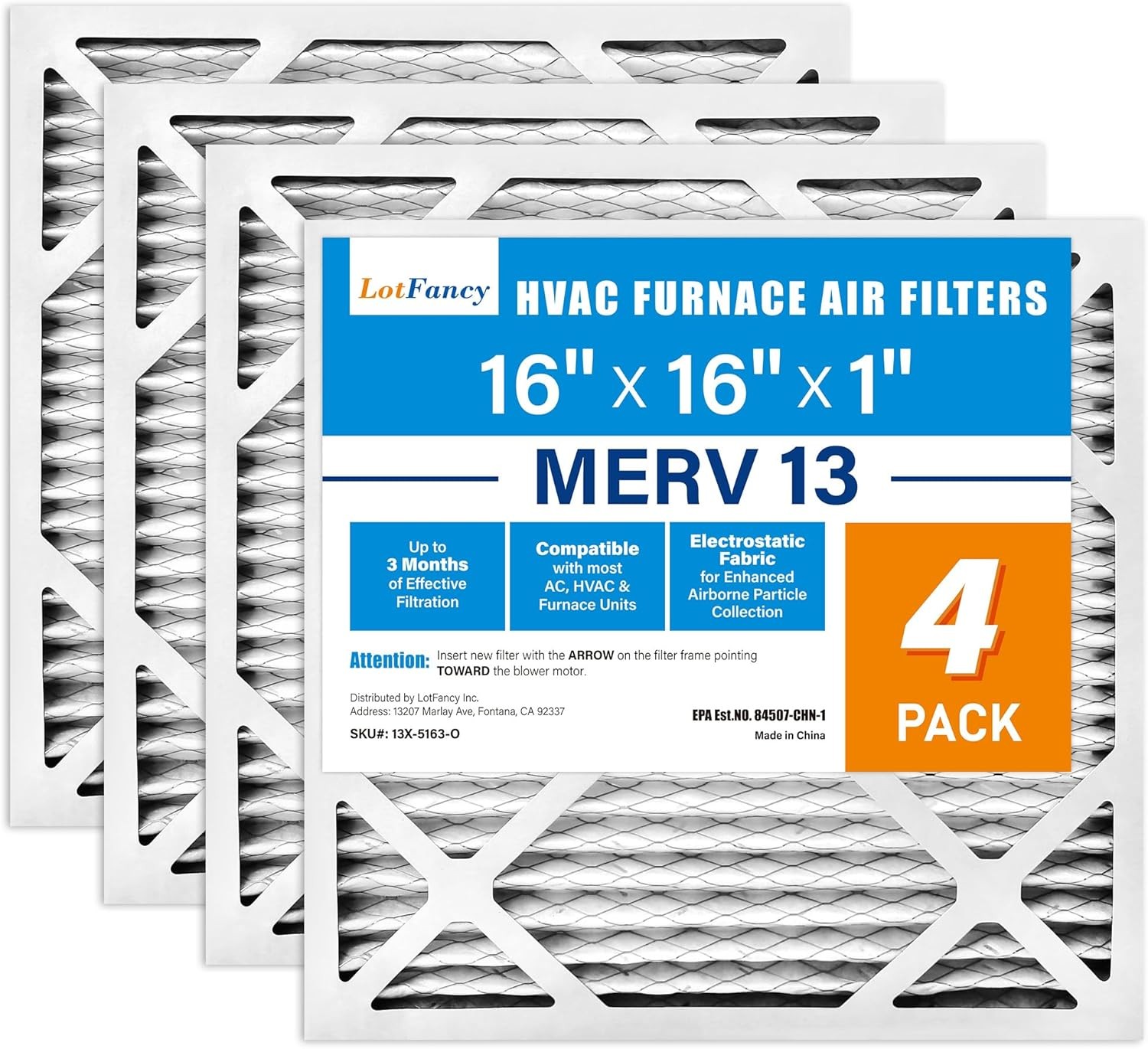 4 Pack 16x16x1 Air Filter MERV 13 Electrostatic Pleated HVAC Furnace Air Filter