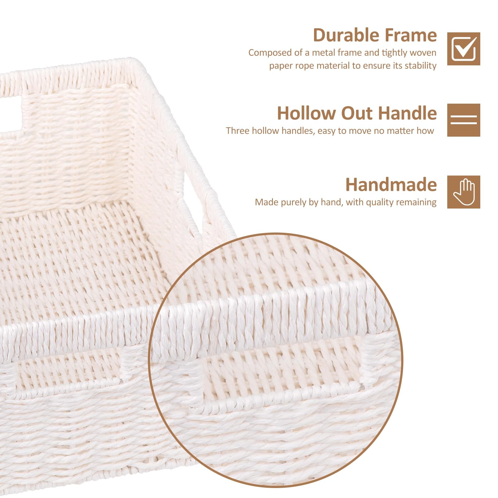 1 PCS White Rectangular Wicker Paper Shelf Basket Storage Bin BuiltIn Handle