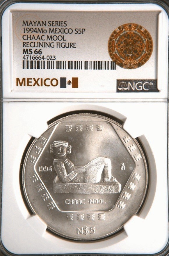 🔥🔥1994 México 5 Pesos 1 Oz .999 Silver Chaac-Mool NGC MS-66 Low Minted🔥🔥