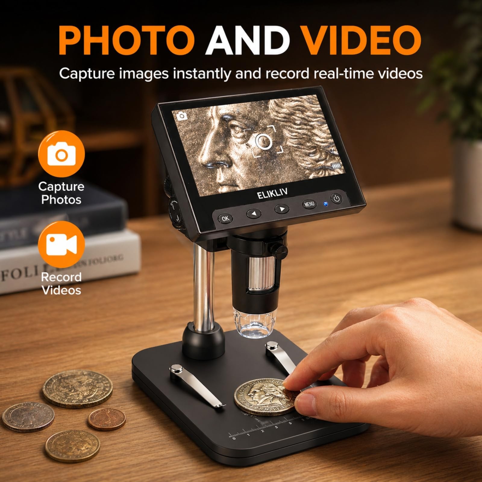 Elikliv Coin Microscope, 4.3'' LCD Digital Microscope 1000x, Black