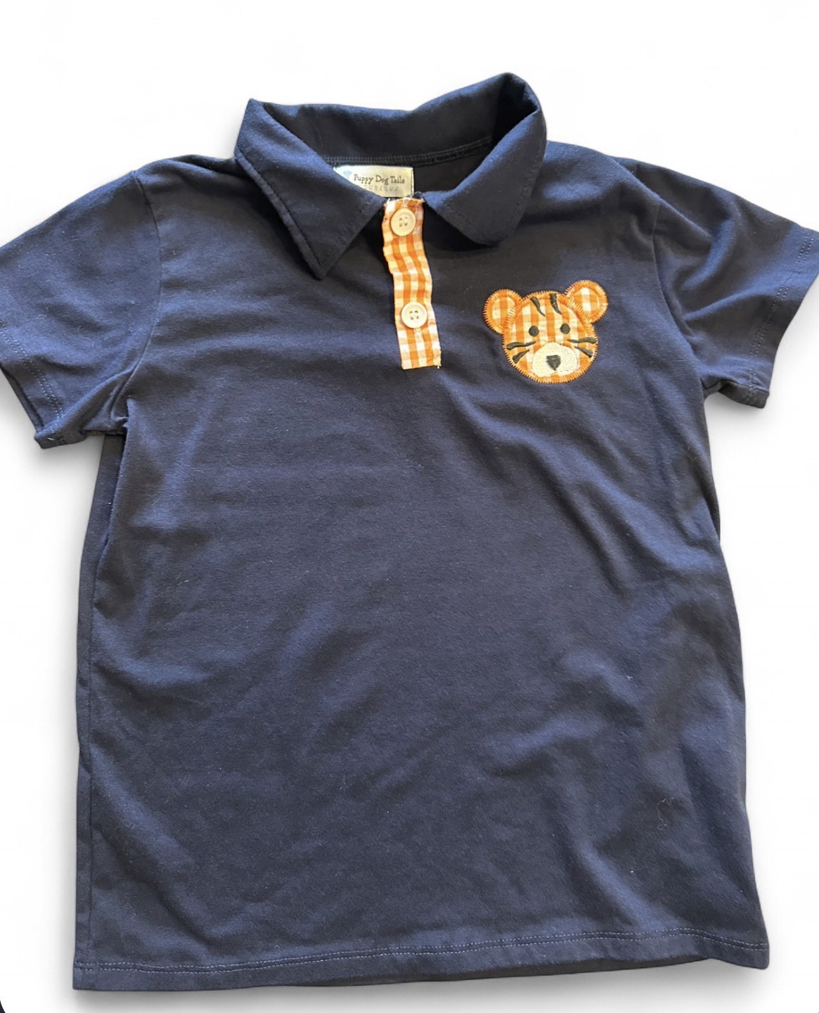 Puppy Dog Tails Boutique Boys Polo Shirt 7-8T Navy Tiger Applique Gingham Trim