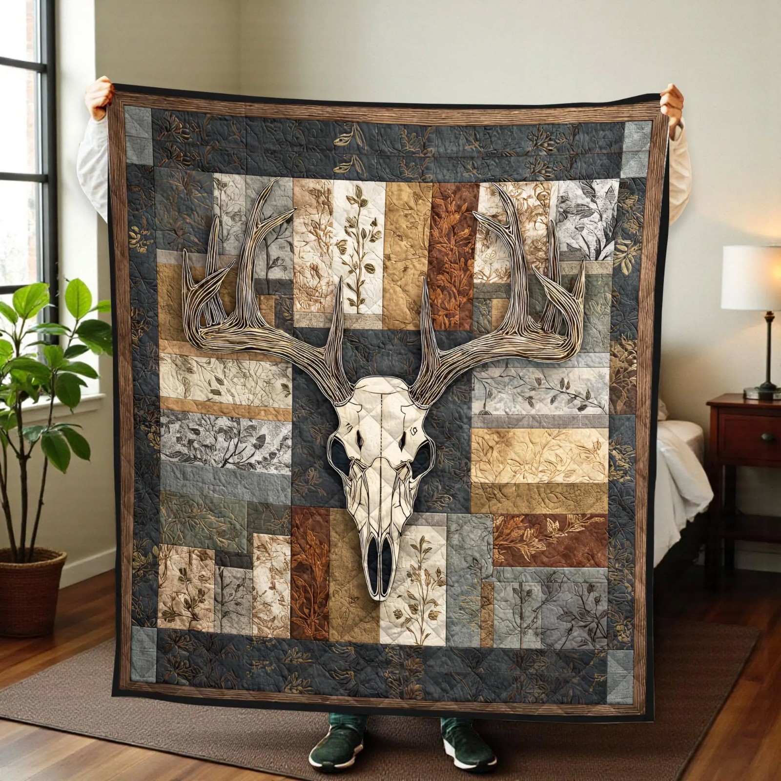 Hunting Deer Skull Quilt Blanket Rustic Buck Antler Cabin Gift for Him Decor Set