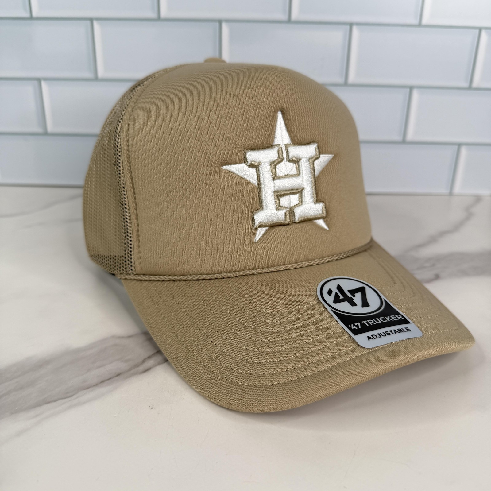 Houston Astros Hat Cap Snap Back Mens One Size Tan MLB Baseball Trucker Mesh