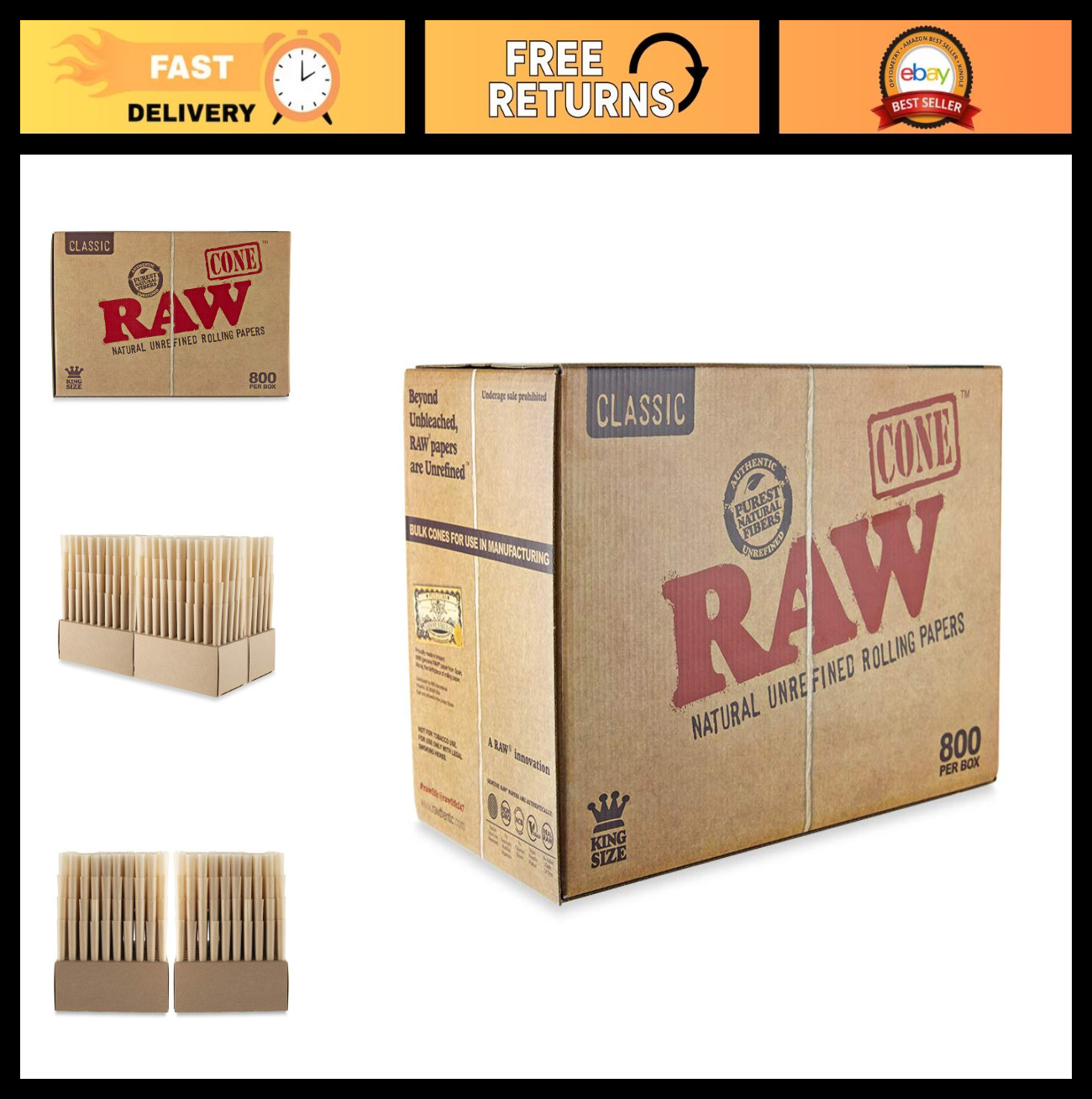 800 Pre Rolled Cones Rolling Papers - King Size 109mm, Slow Burn, All Natural Ti
