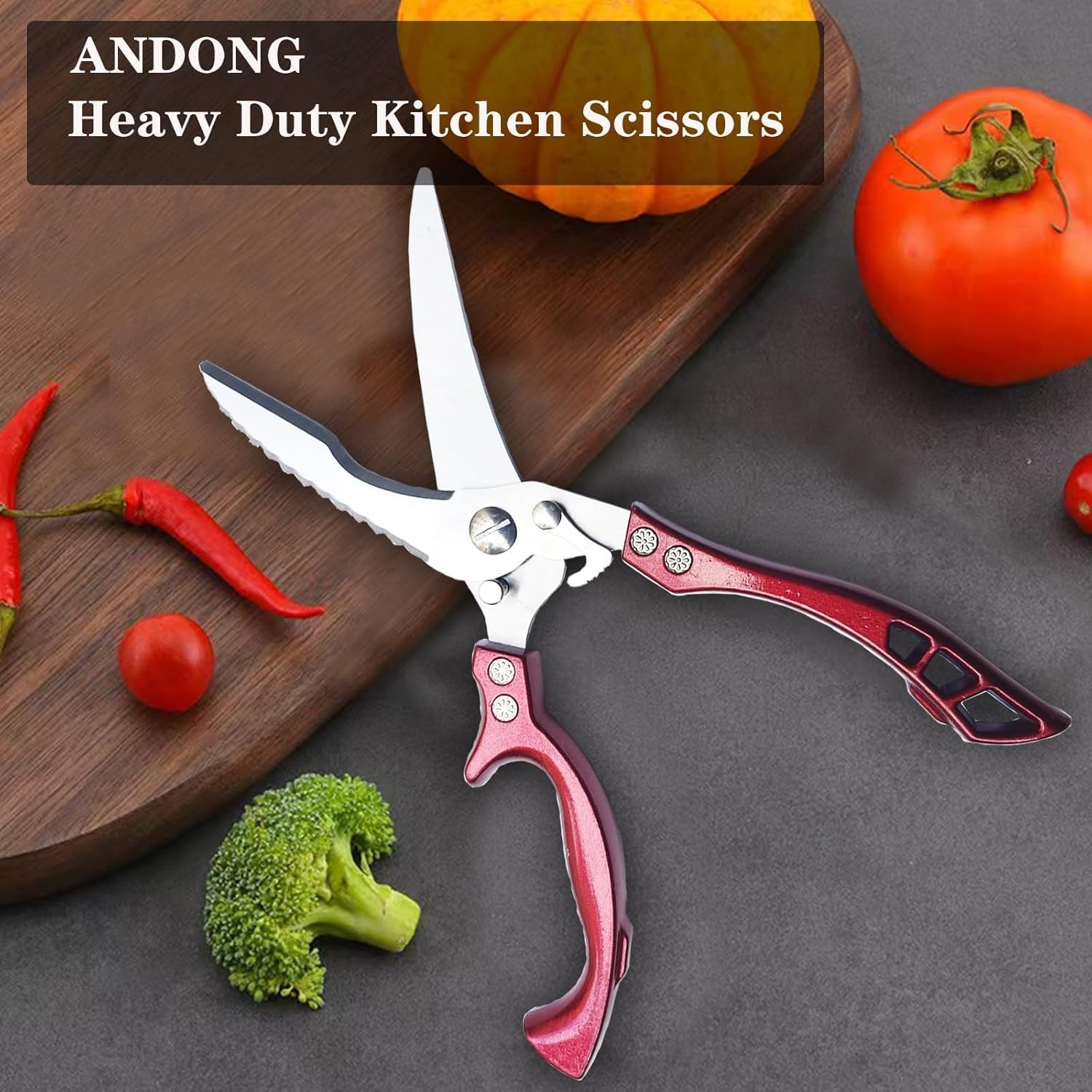 Versatile Heavy-Duty Kitchen Scissors - Non-Slip Red Handles & Leather Sheath