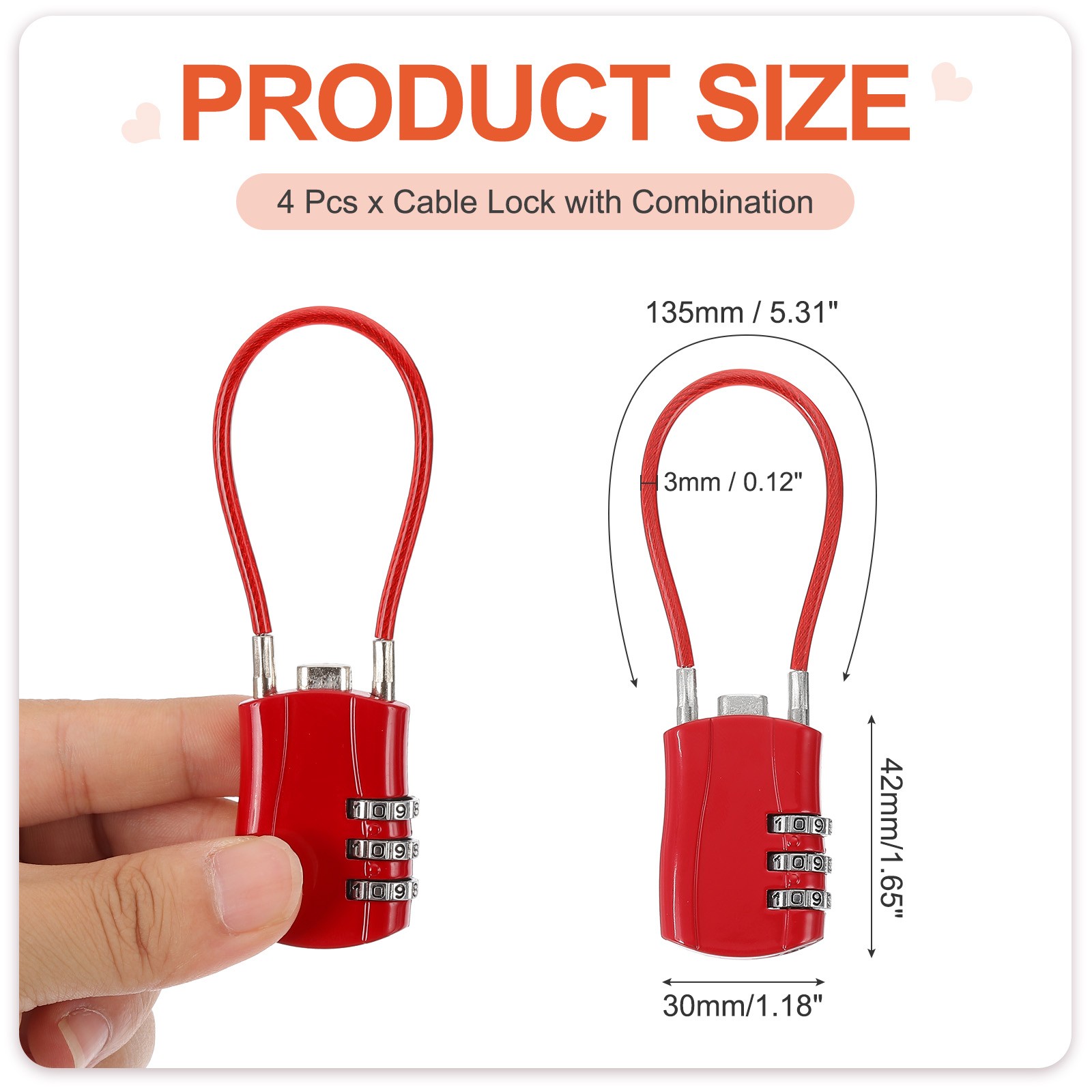4 Pcs 3 Digit Luggage Cable Combination Lock with 5" Long Cable, Red