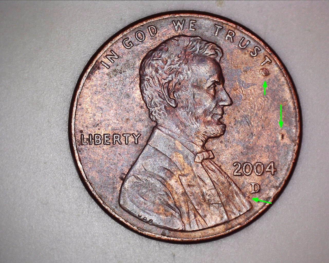 2004 Denver Penny Error  ~ 3 Die Chips on Obverse