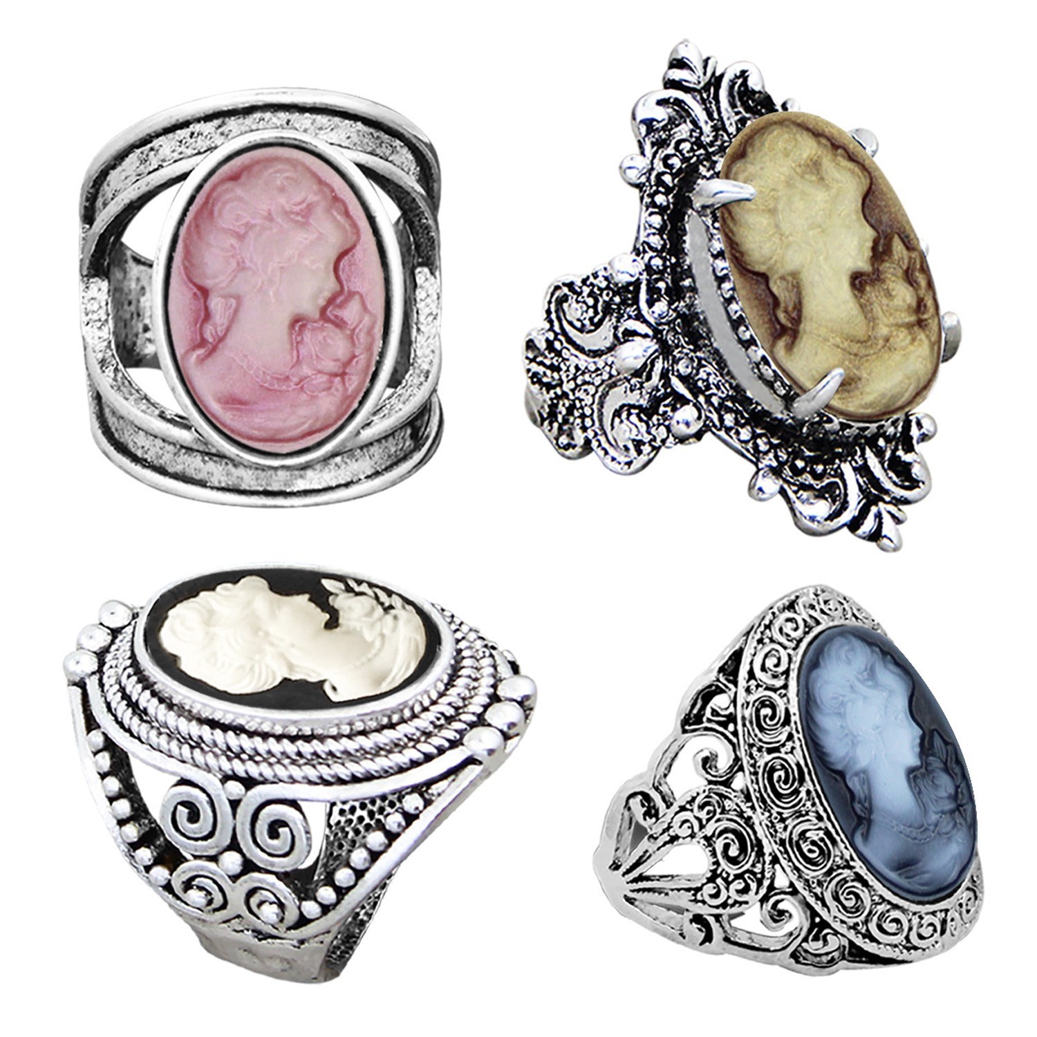Wholesale Lot 10pcs Lady Cameo Rings Retro Color Design Size Mixed Women Jewelry