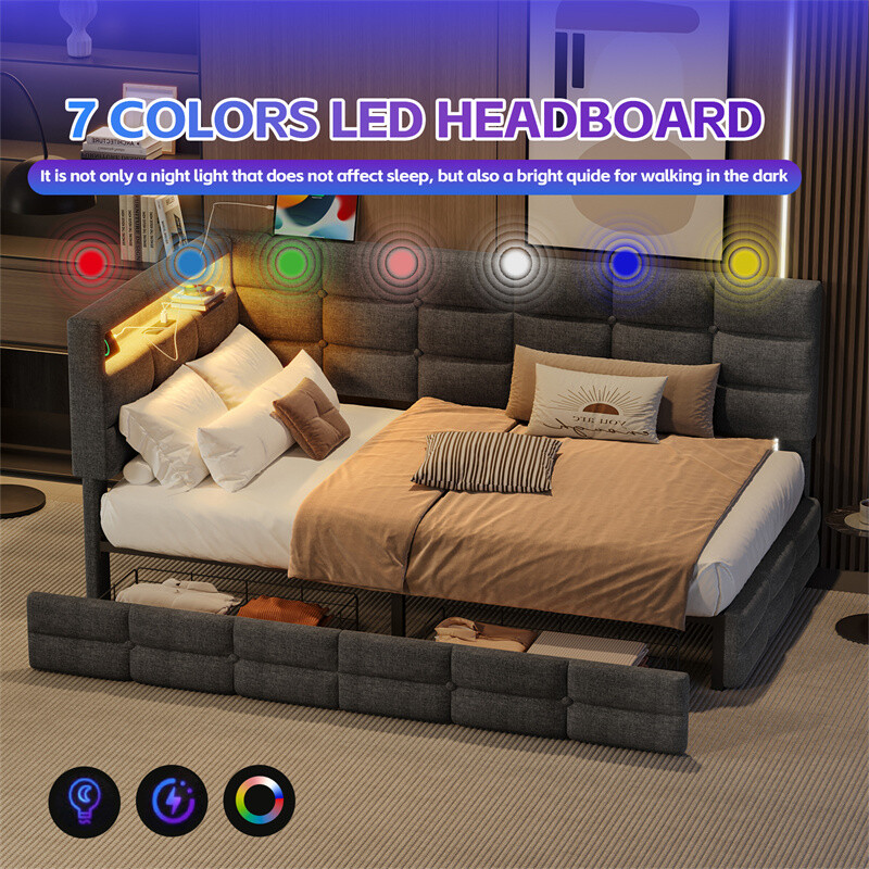 Upholstered Twin Size Daybed with 2 Drawers Wooden Day Bed Frame with LED Lights