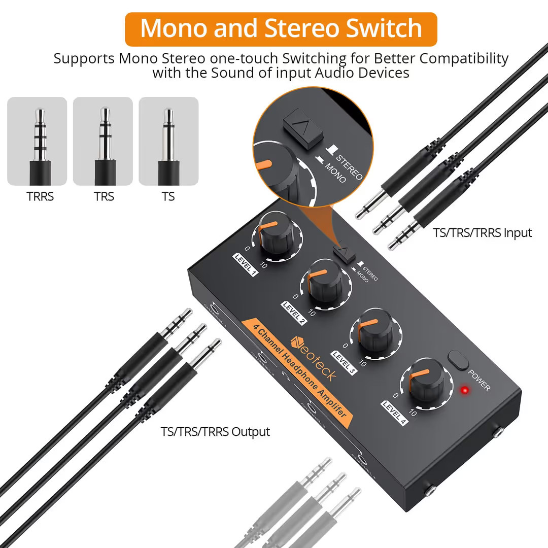 Neoteck 4 Channel Stereo Headphone Amplifier + Headphone Amplifier Gain Switch