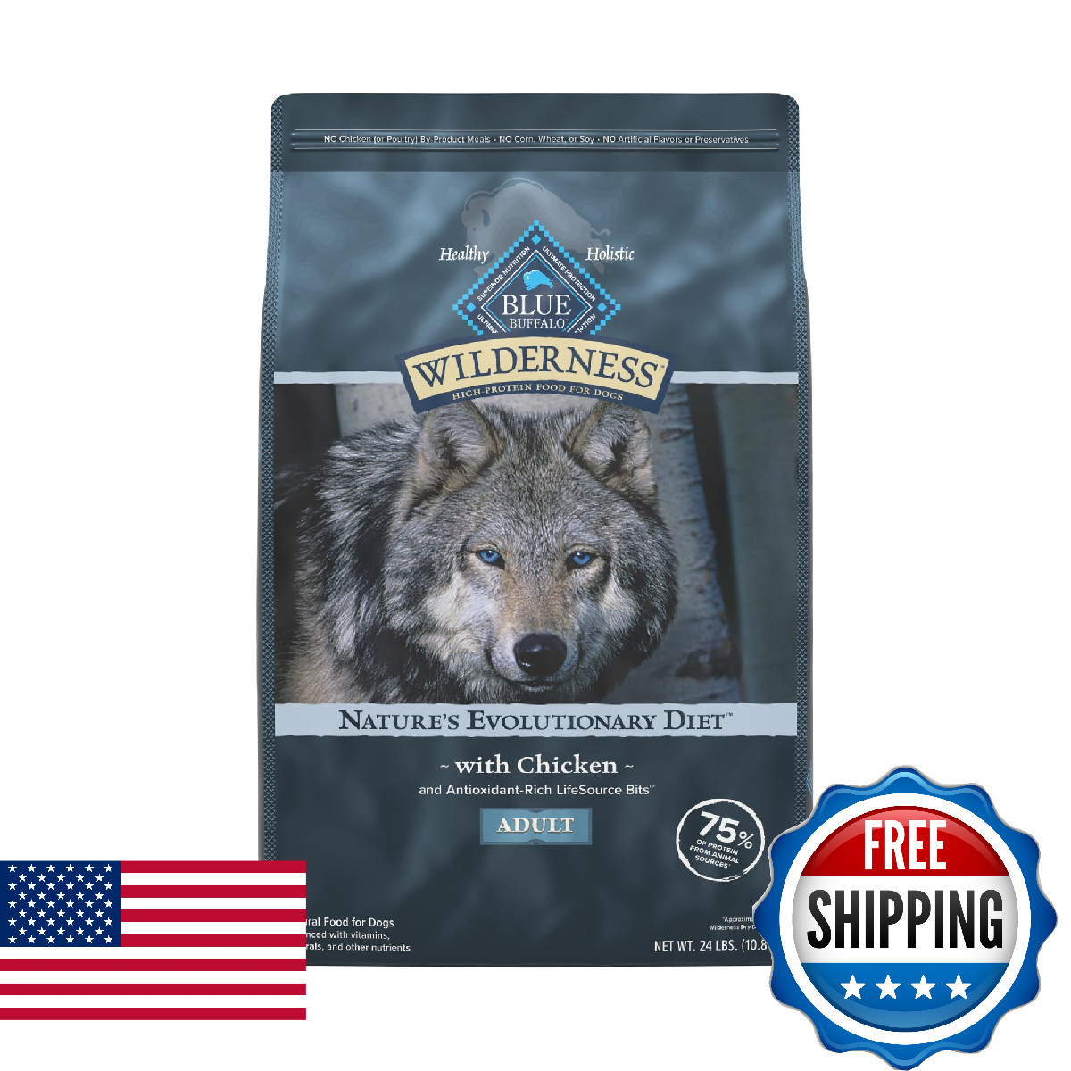 Blue Buffalo Wilderness High-Protein Adult Dry Dog Food, Chicken Recipe, 24-lb