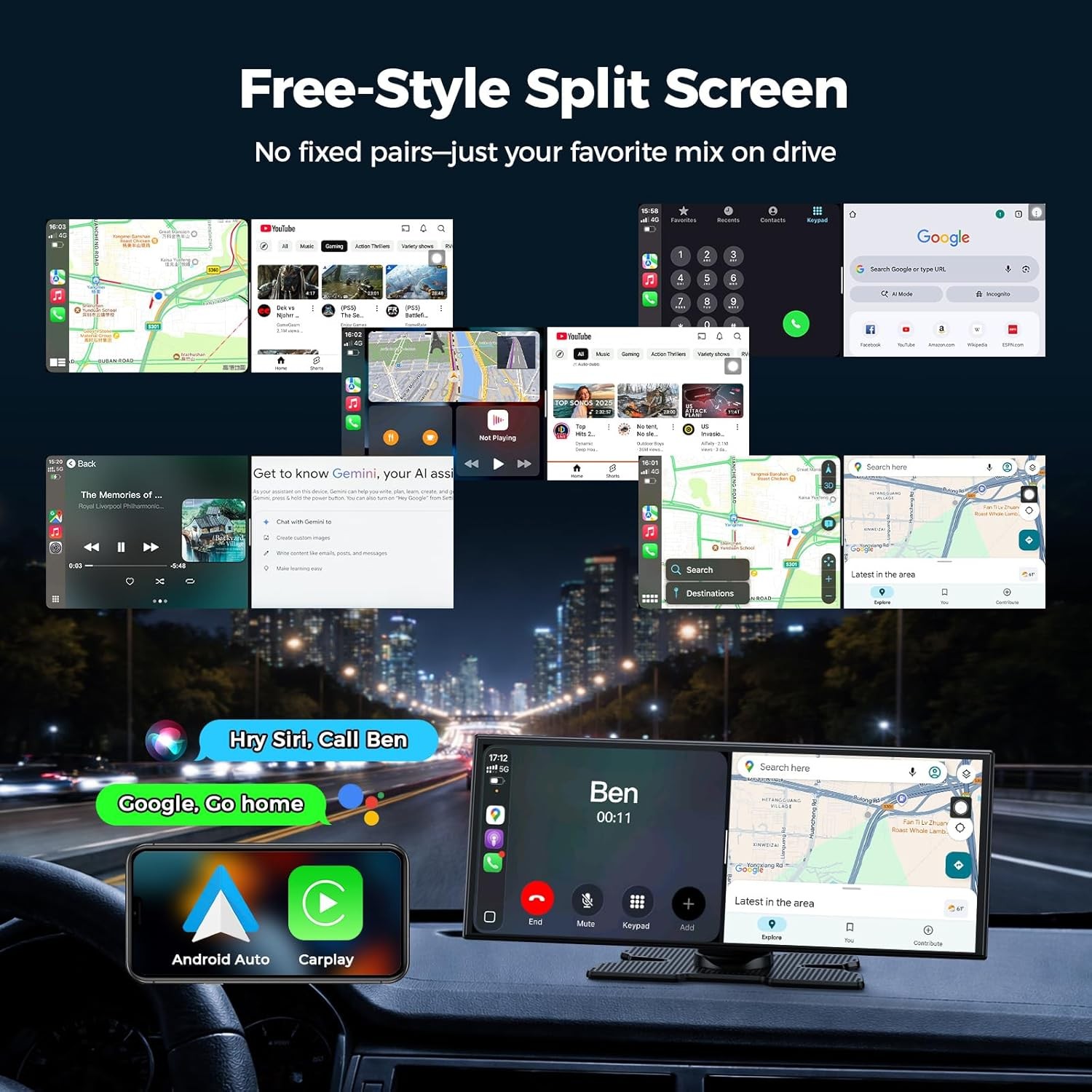 Lamtto RC32 11" Wireless AI CarPlay Screen Android Auto GPS DVR Backup Camera