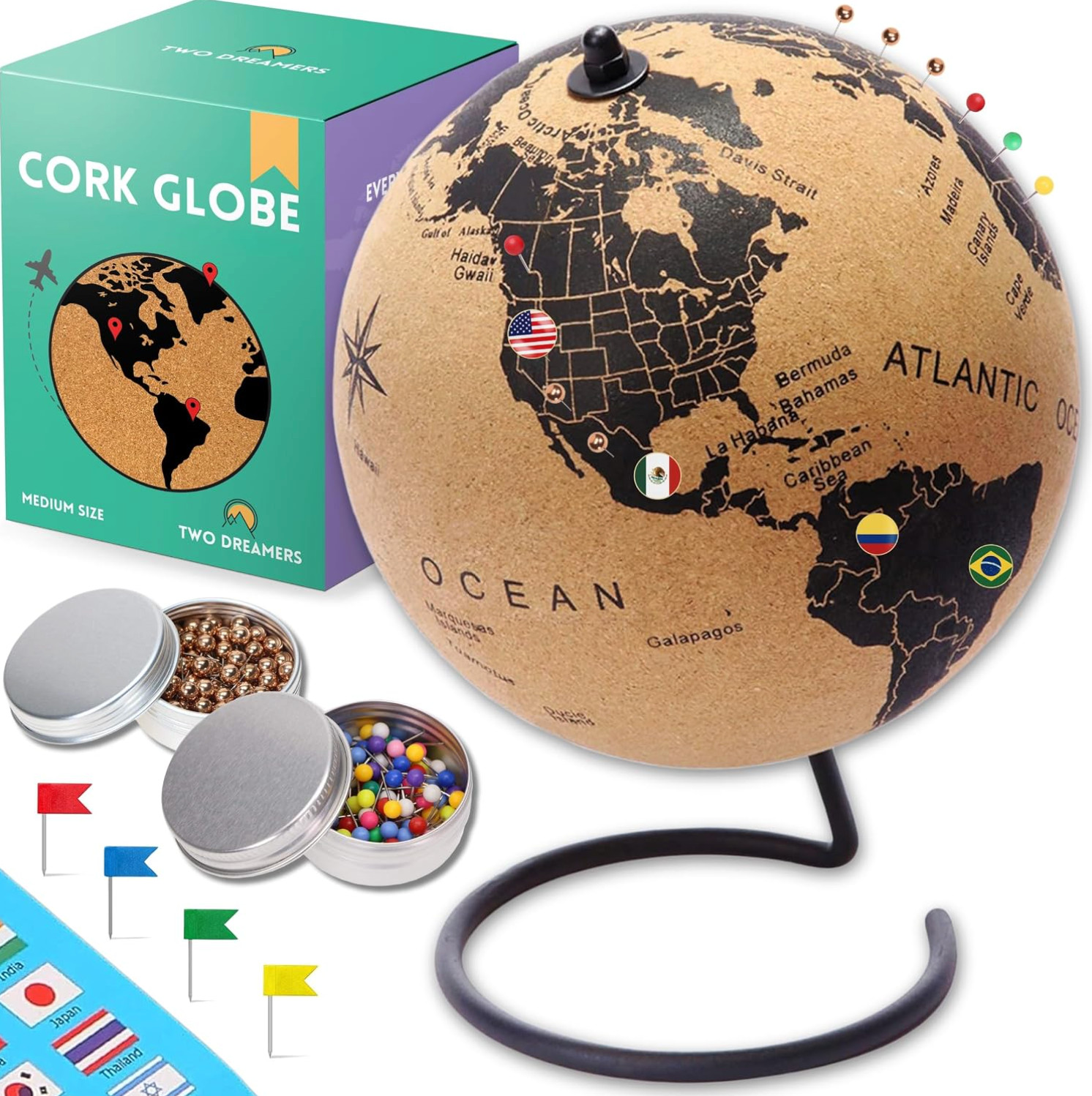 Cork Globe with Push Pins, Flags, and Country Pins. 12 x 9 x 9 inches.