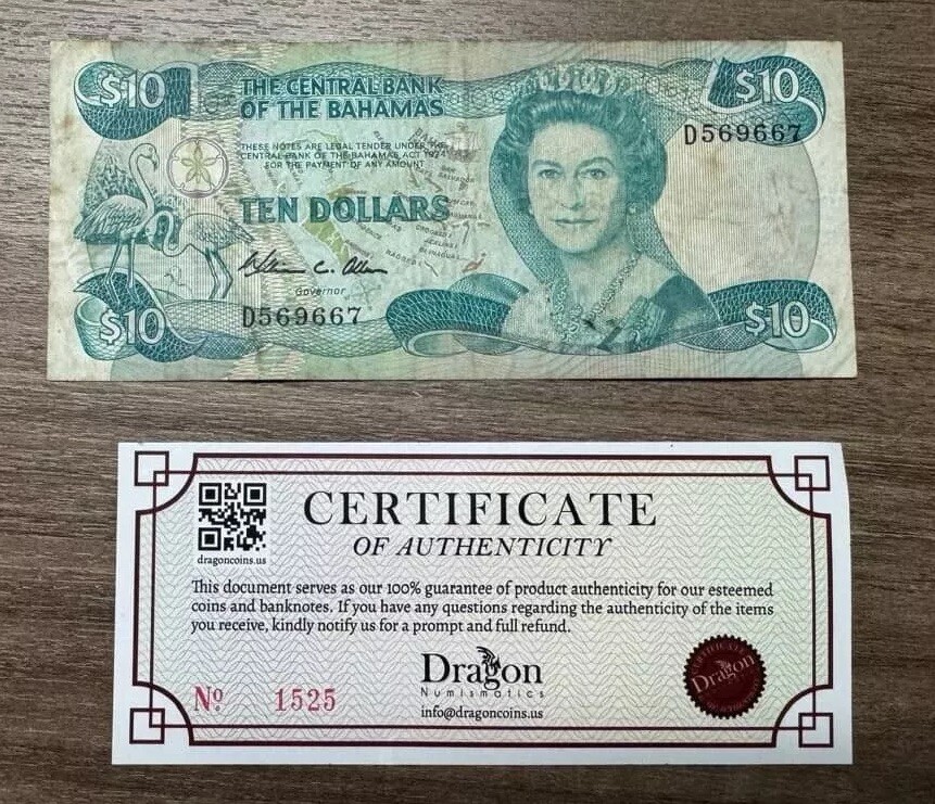 Bahamas 10 Dollars ND 1974 1984 QEII Circulated Banknote Bills D569667 P46A