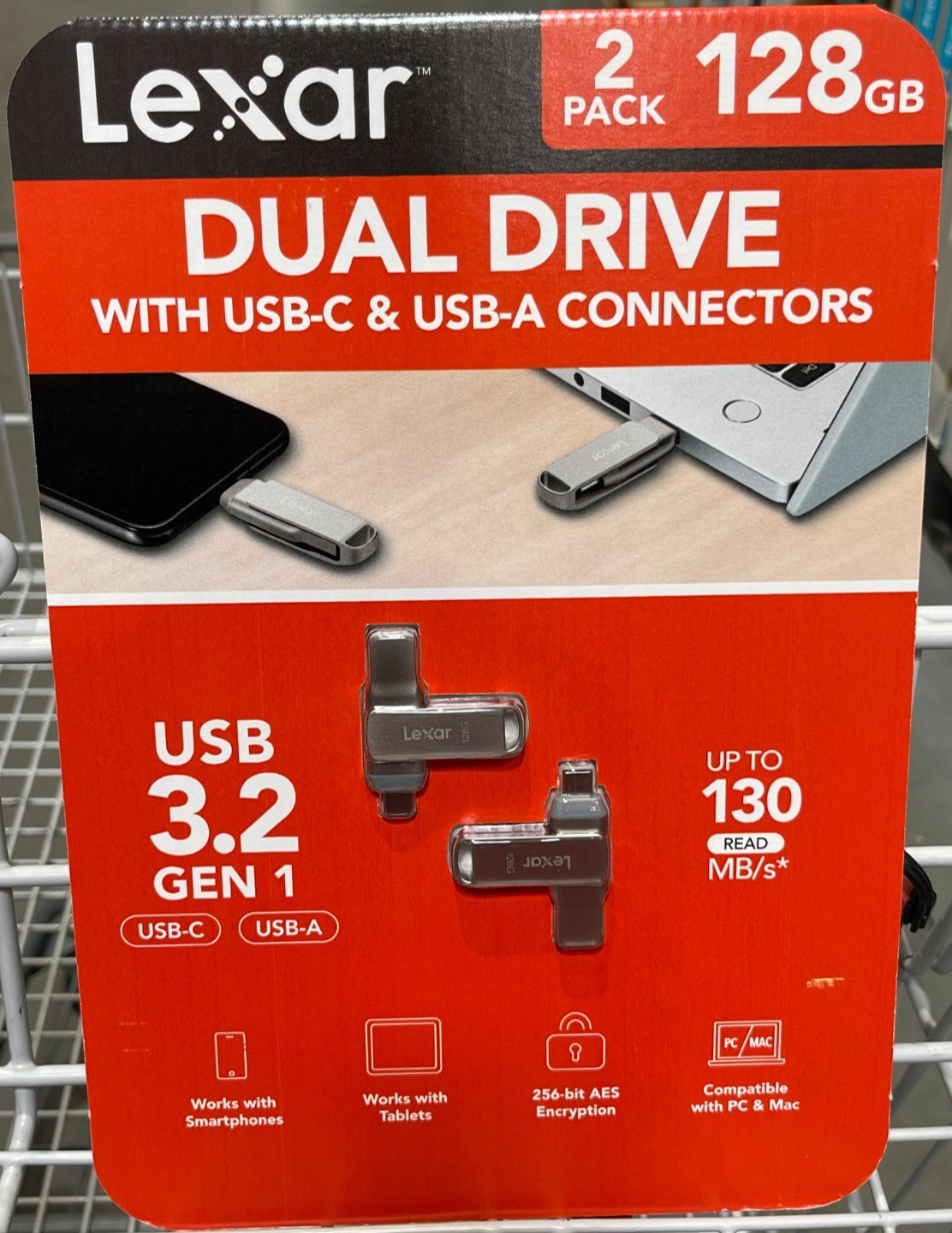 2 x Lexar 128GB 2-in-1 Dual Flash Drive with USB-C USB-A Connectors LJDD400128G.