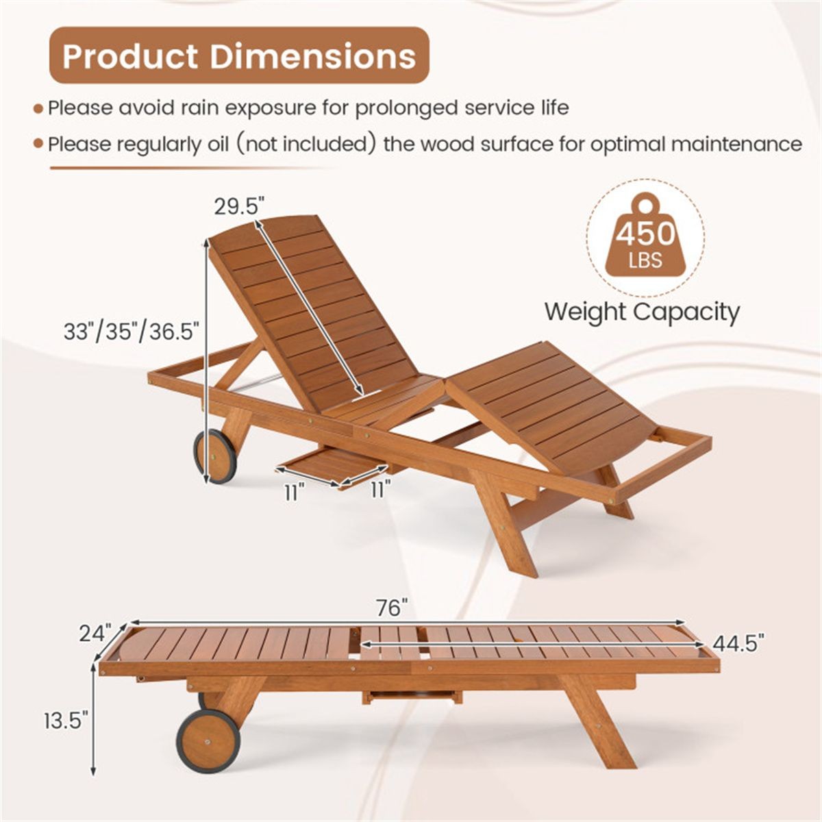 Solid Wood Outdoor Chaise Lounge, 4-Position Adjustable Backrest with Extendable