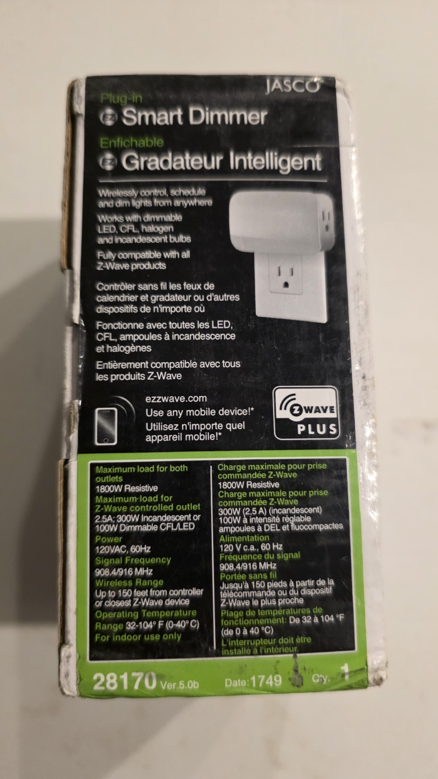 Jasco Z-Wave Plus Plug-In Dual Outlet Smart Dimmer White 28170 -new