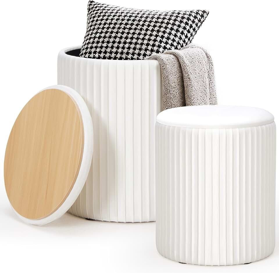 DUMOS Round Ottomans with Storage, Vanity Stool, Foot Stool, Set of 2