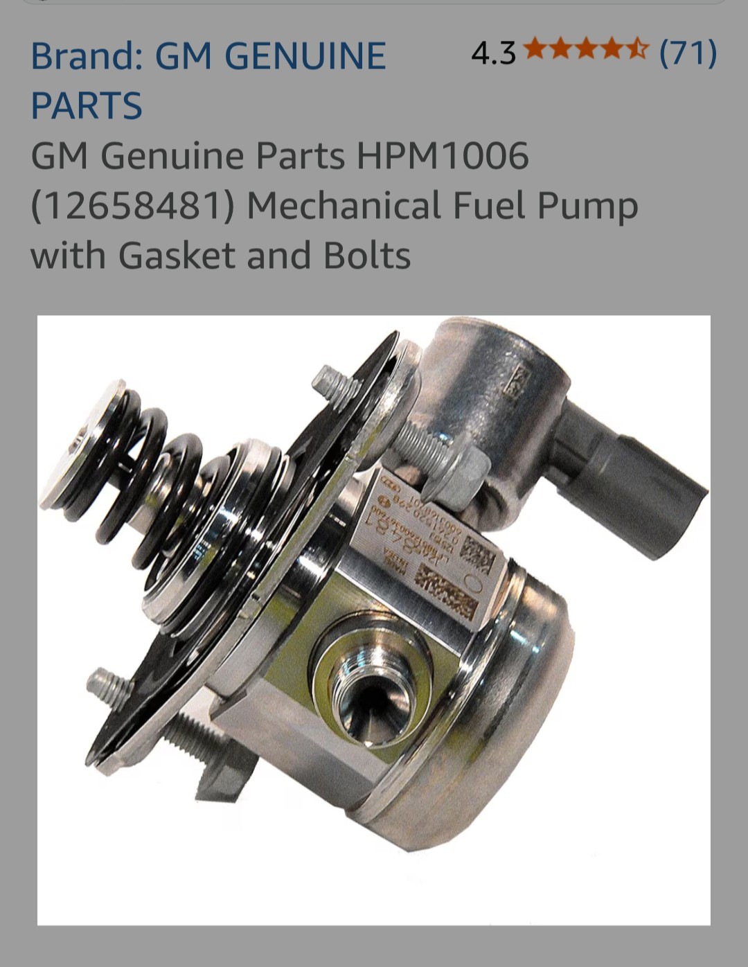 GM Genuine Parts HPM1006 (12658481) Mechanical Fuel Pump.  No Gasket Included