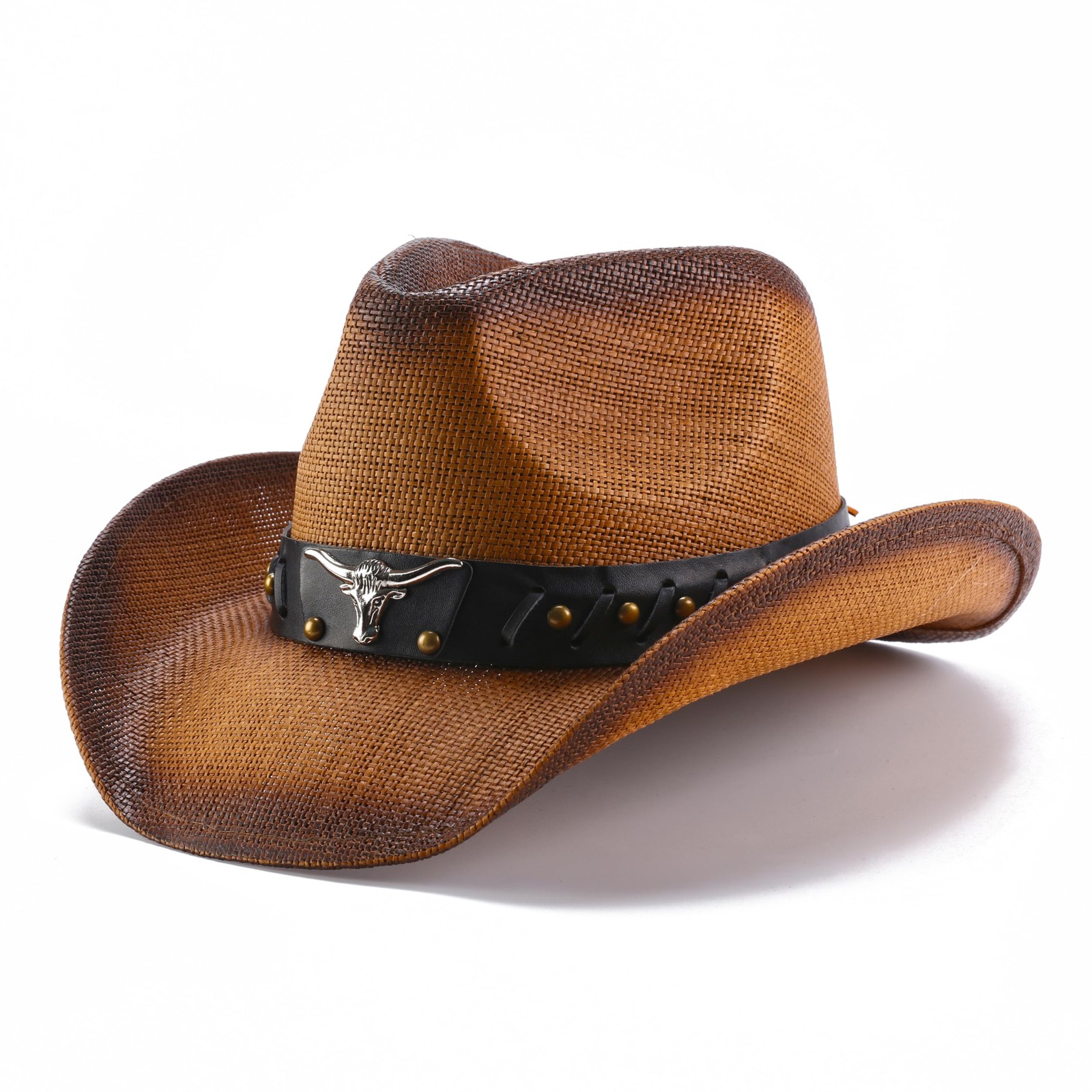 Men's and Women Western Bullhead Cattleman Crown Straw Cowboy Cowgirl Hat, Brown