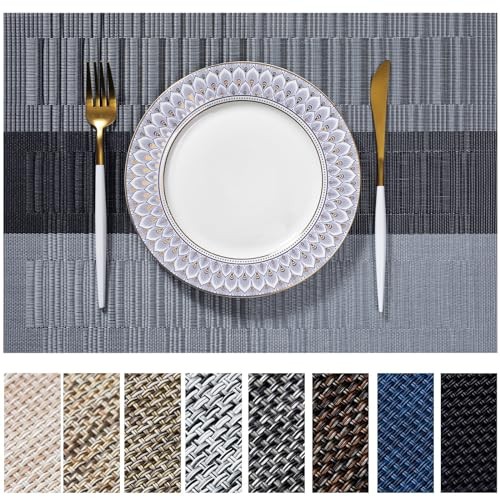 Placemats Set of Vinyl/Plastic Woven Place Mats for 4 E-silver Gray Black