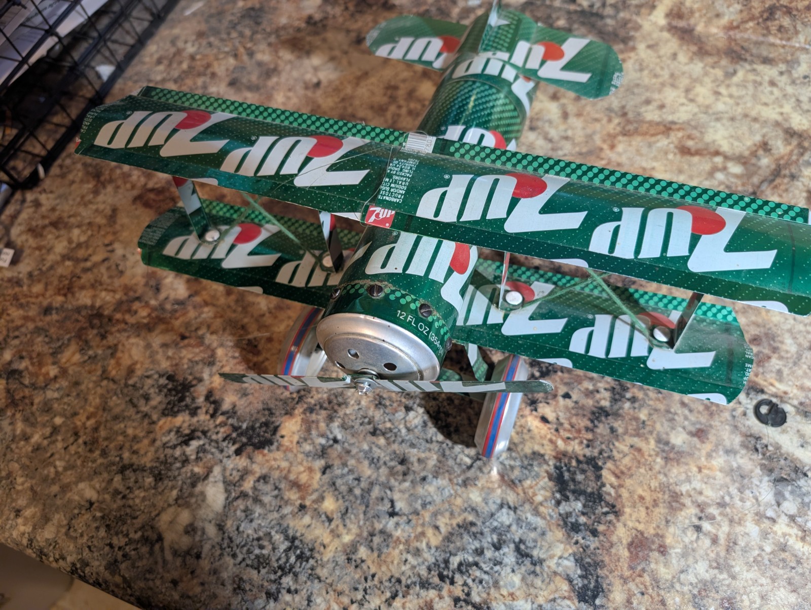 Vintage 7-UP Soda Can Bi-Plane - Hand-Crafted Metalwork