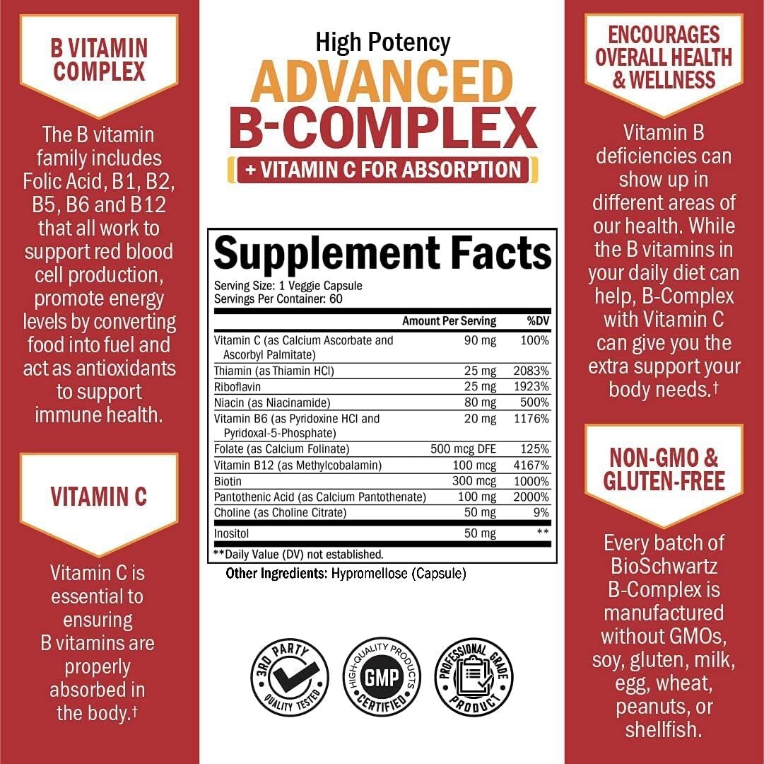 Vitamin B Complex with Vitamin C for Maximum Absorption Methylcobalamin b12 60ct