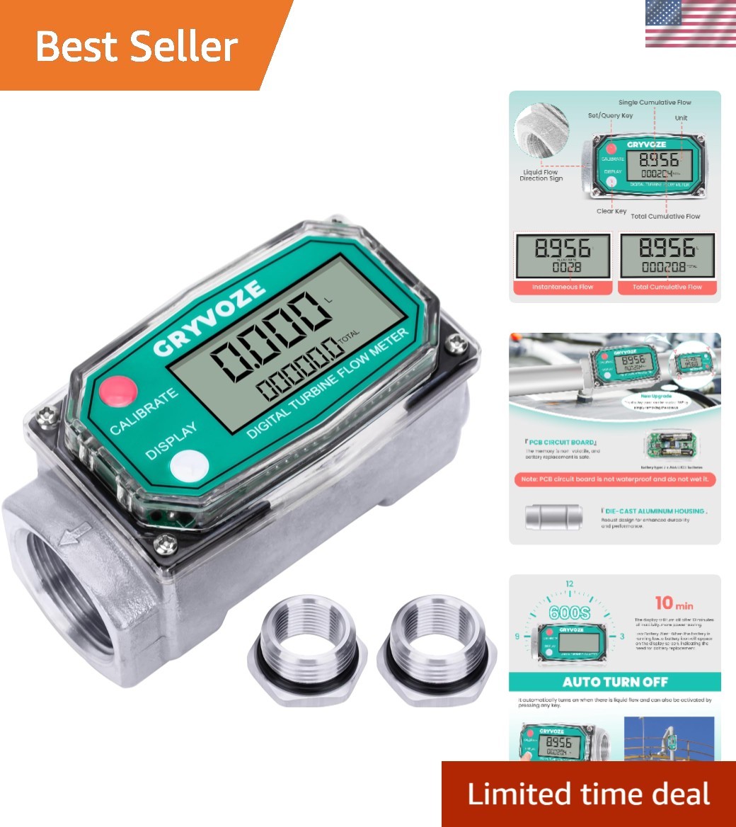 1 Inch Digital Turbine Fuel Flow Meter, 2.6-26 GPM Inline NPT Thread Flowmete...