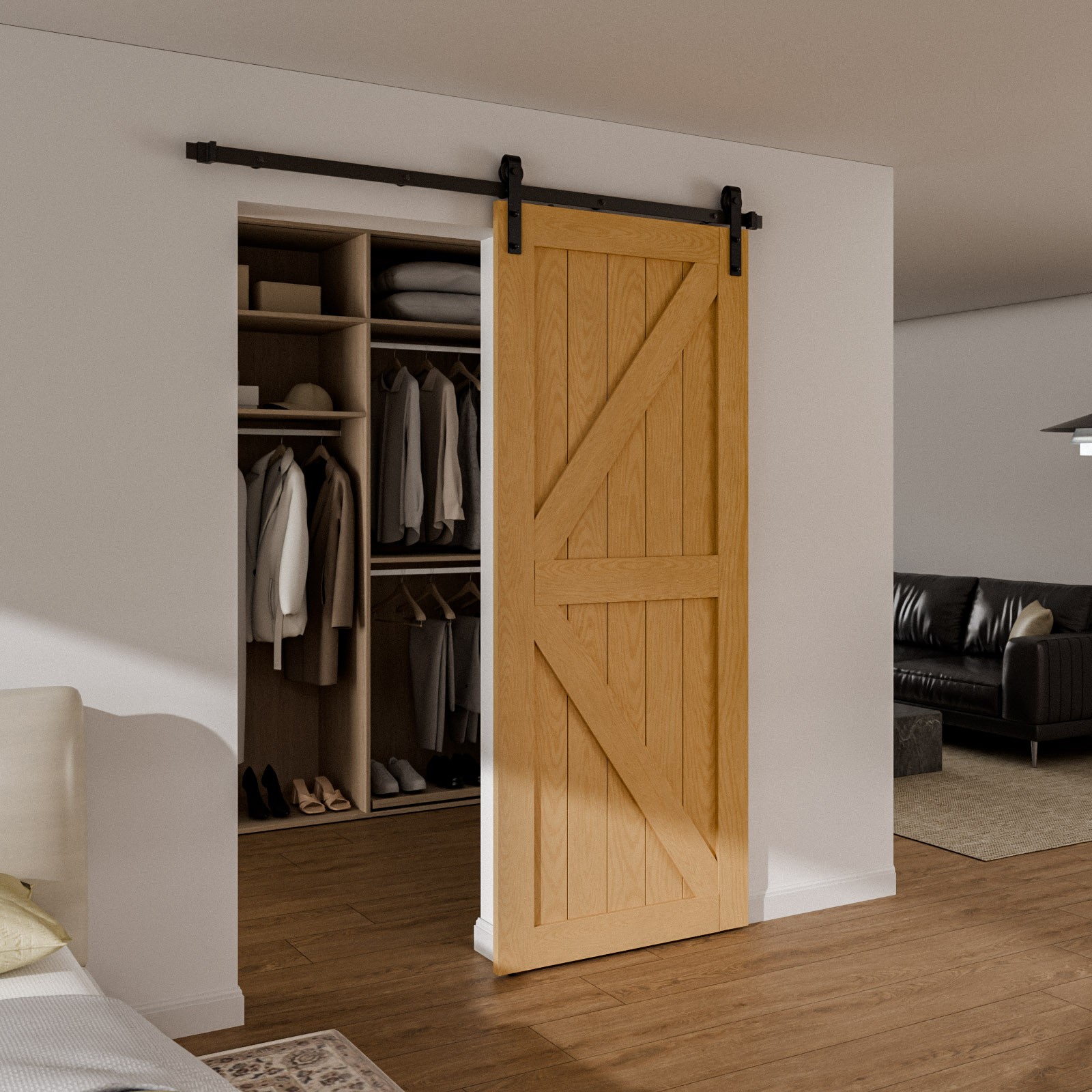 CCJH 6.6FT Sliding barn door hardware kit & Handle, Adjustable floor guide