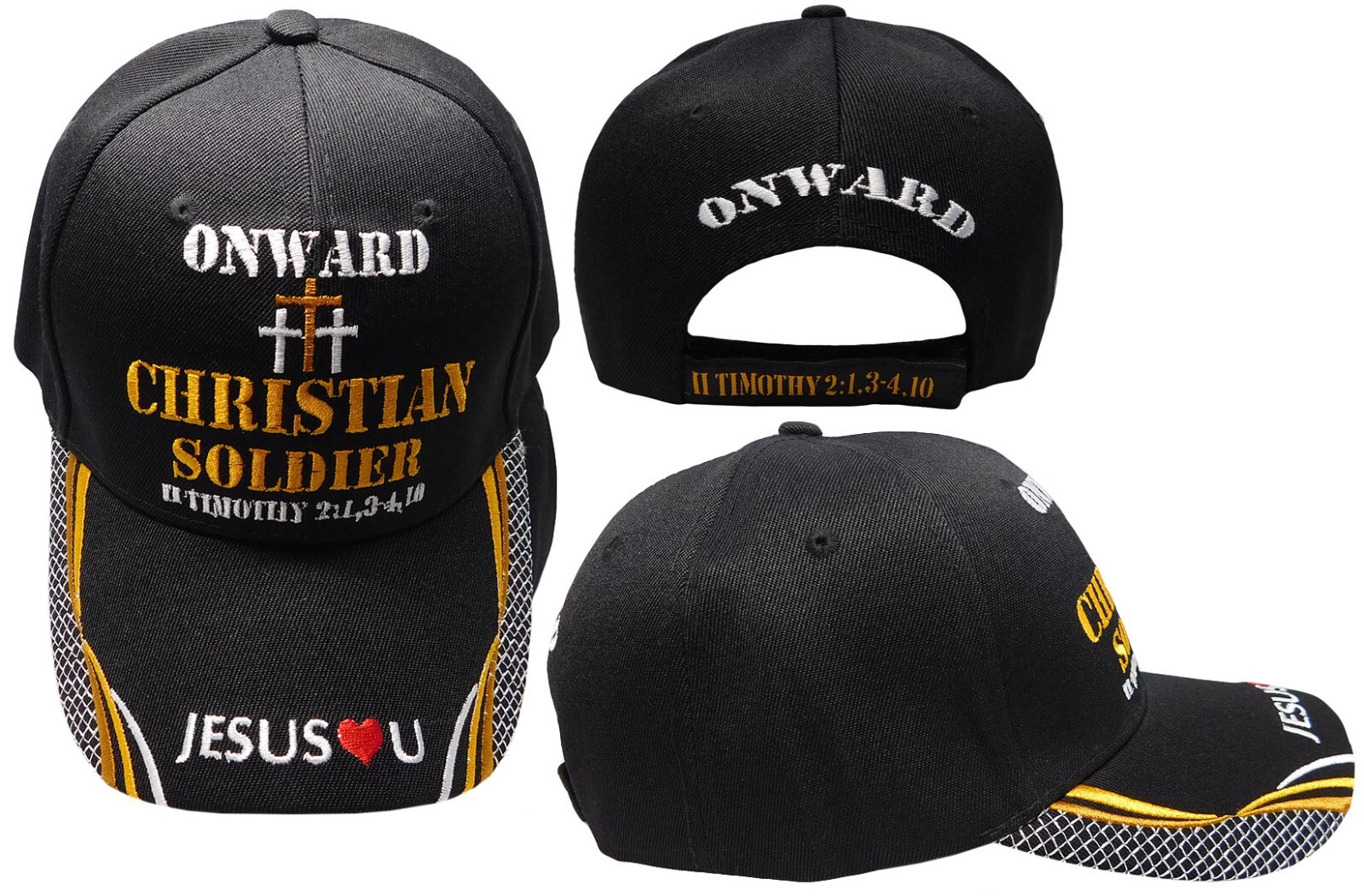 Onward Christian Soldier II Timothy 2:1, 3-4, 10 Black Embroidered Cap Hat