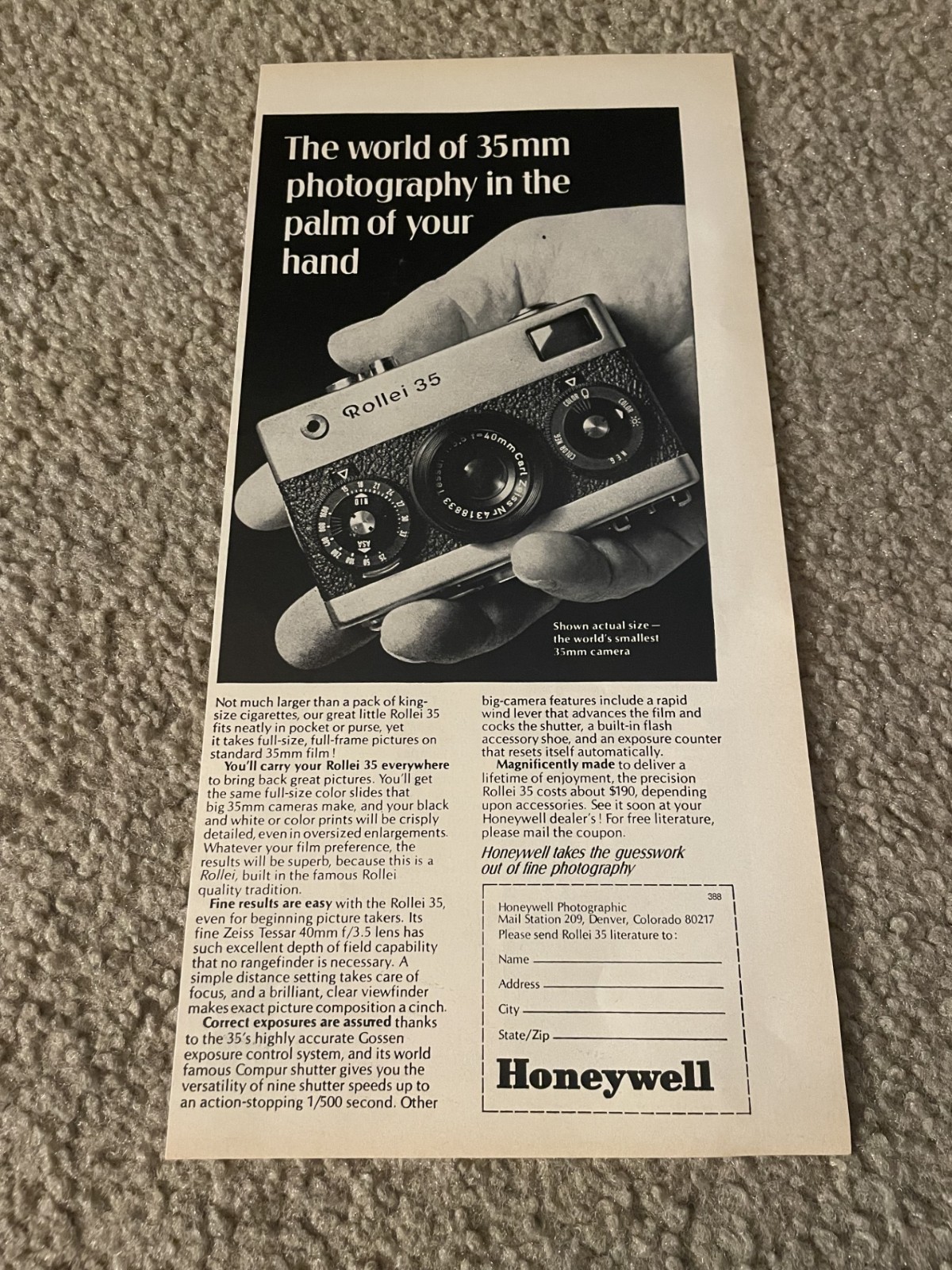 Vintage 1969 HONEYWELL ROLLEI 35 CAMERA Print Ad 1960s
