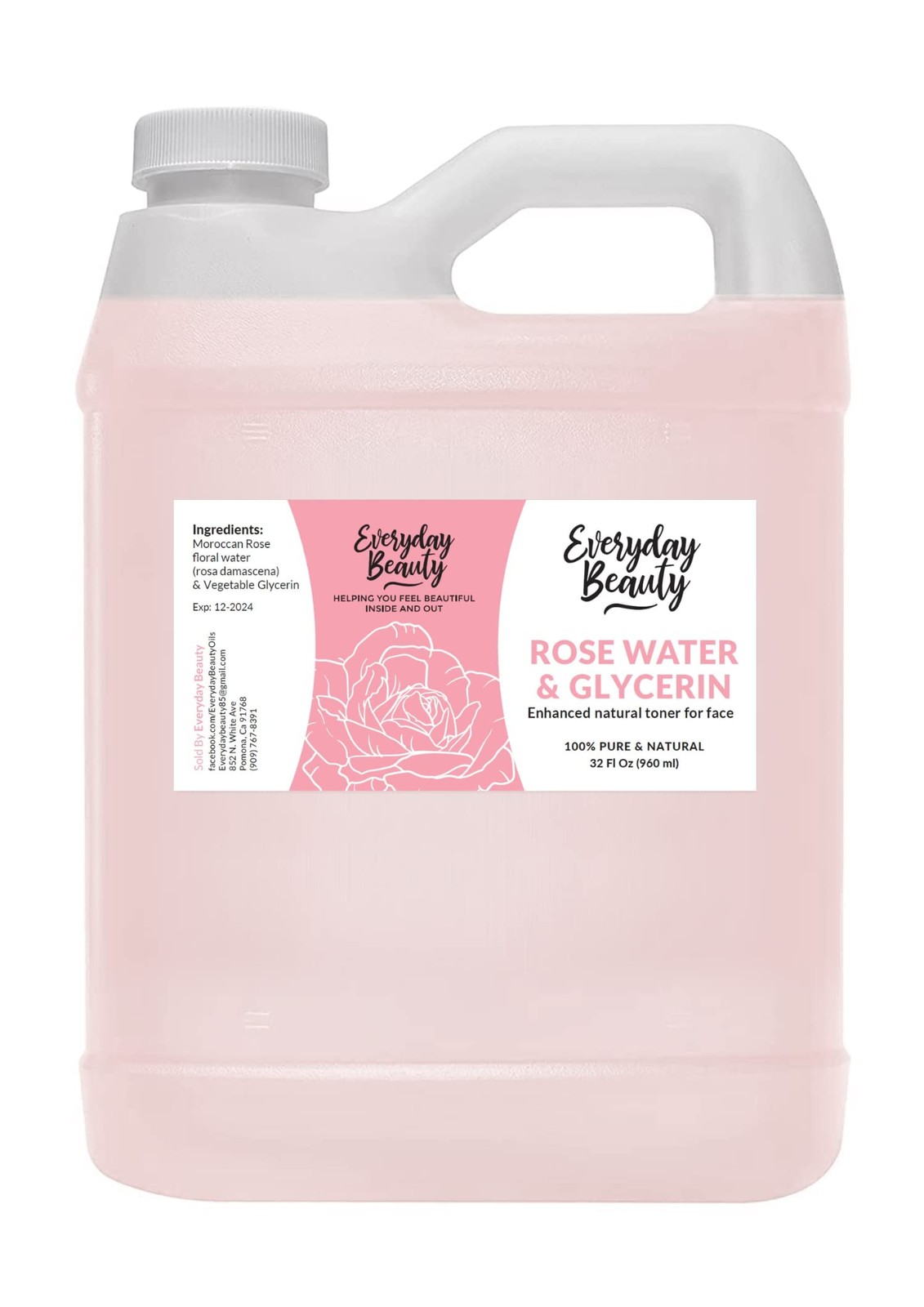 Rose Water & Glycerin Enhanced Facial Toner - 32oz Bulk Alcohol-Free Vegan Al...