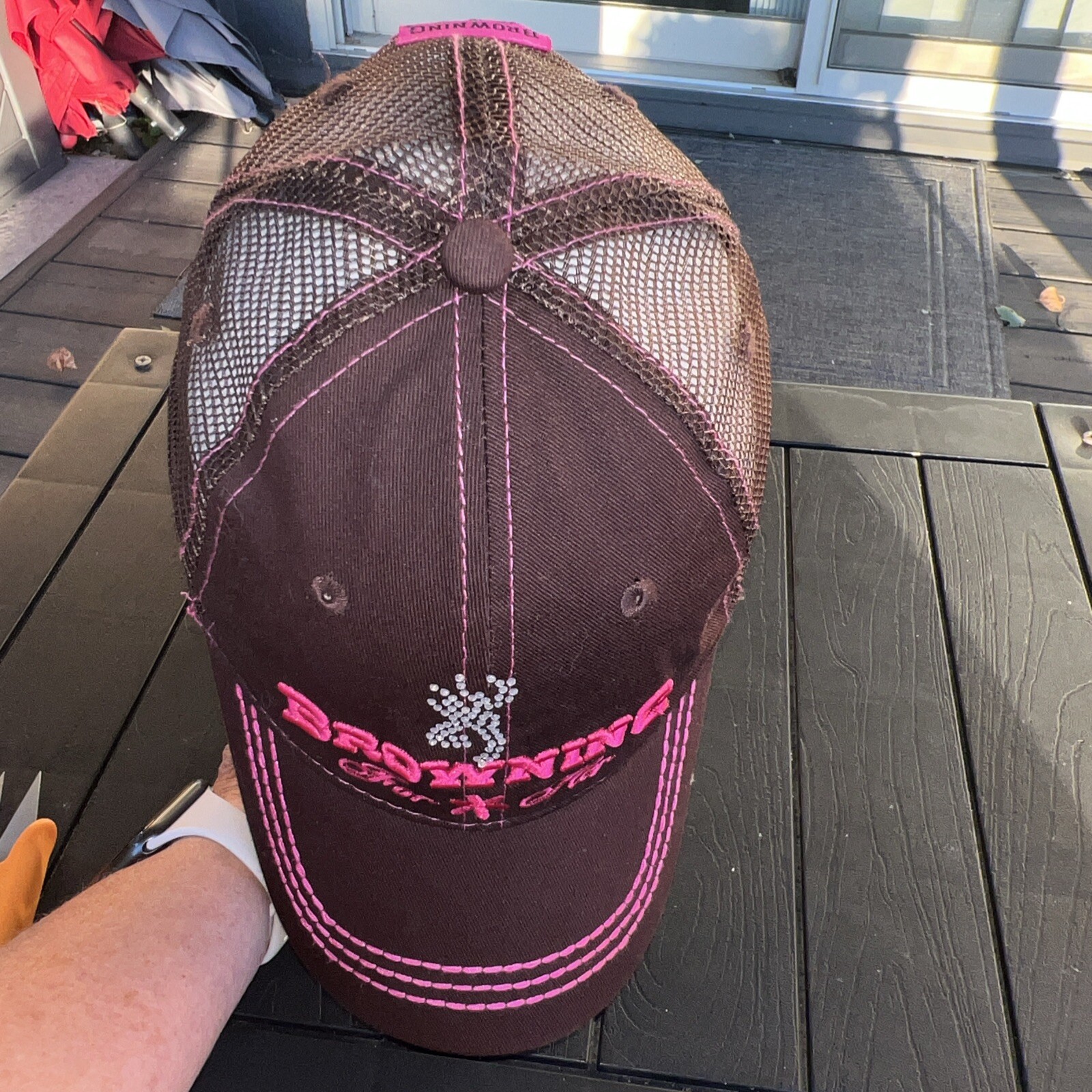 Browning for Her in Pink on Brown Trucker Hat Cap Rhinestone Logo Hook Loop EUC