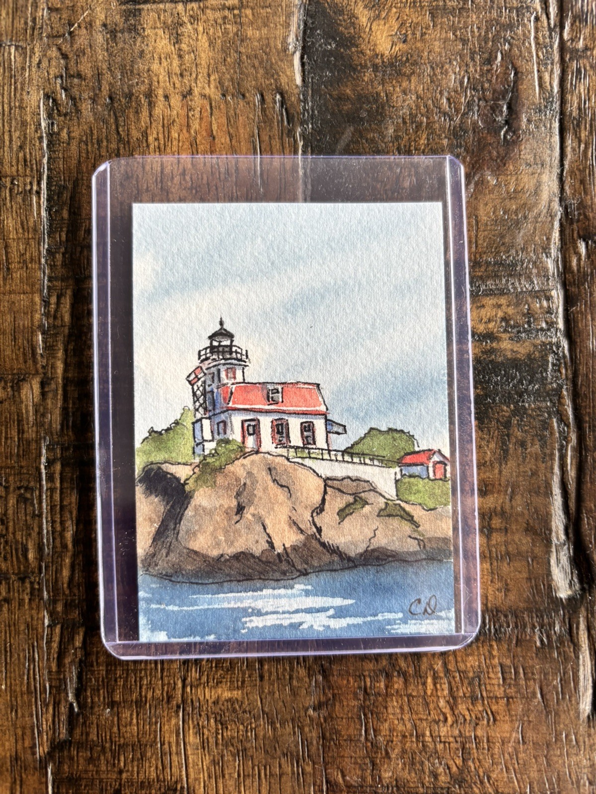 Original Watercolor ACEO Painting - Rose Island Lighthouse Newport RI - Signed