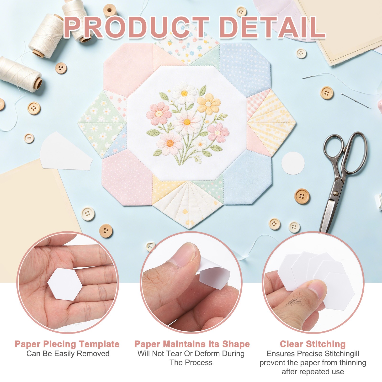 200 Pcs Hexagon Shape Piecing Paper for Quilting with Pen (0.6")